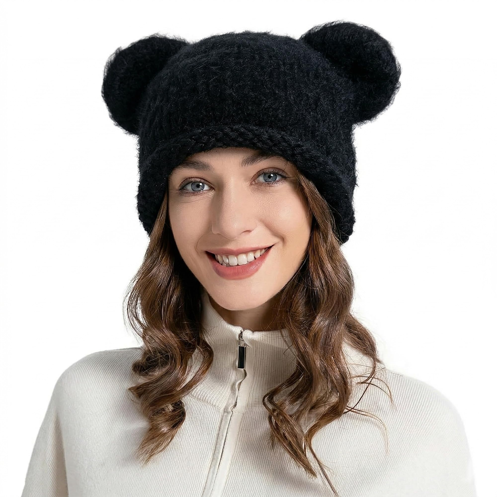 ZLYC Damen Katzenohr Slouchy Strickmütze Grunge Niedlich Wintermütze