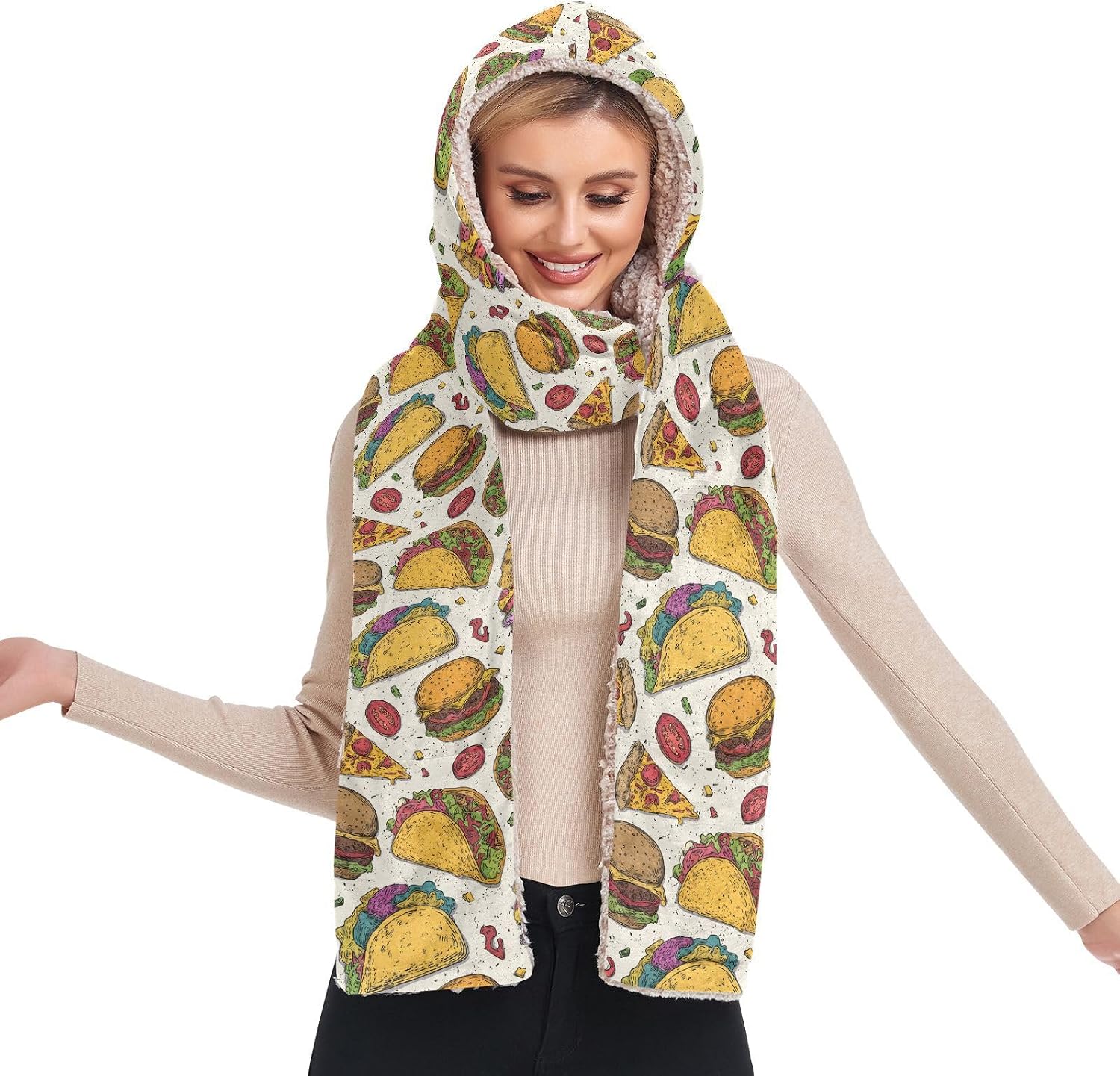 Pashmina like fall scarves fashion Hamburger Tacco Food Hooded With Pockets Hat Gloves set bufandas para mujer for man