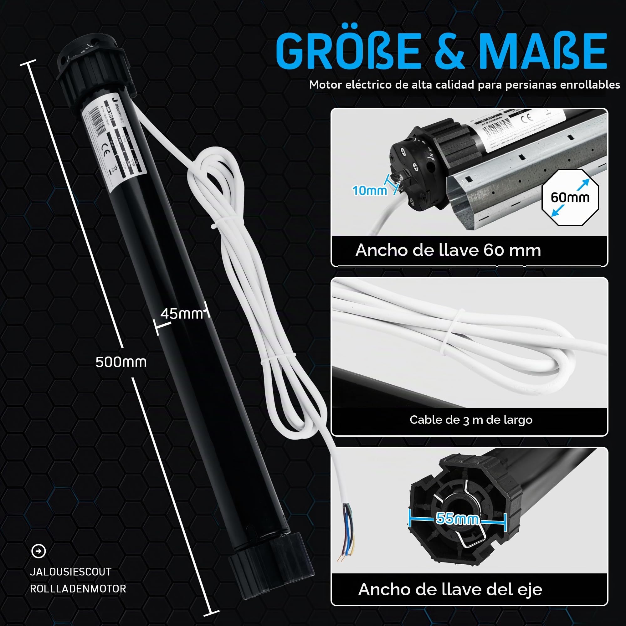 Jalousiescout Motor de Persiana Tubular MK 20/17 con 20 Nm, Para Eje Octogonal para Persiana 60 mm (SW60), con Finales de Carrera Mecánicos, Protección Contra Sobrecarga, Accionamiento para Persianas