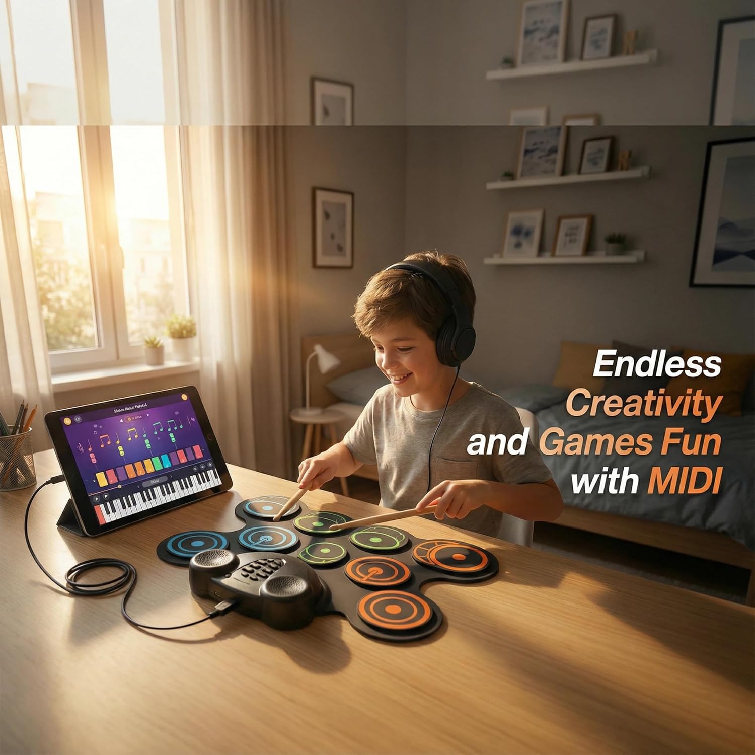 Electronic Drum Set with Headphone Jack, 9-Drum Practice Pad for kids beginners,with drumsticks, foot pedals, and a built-in rechargeable battery, Christmas Birthday Gift for Boys Girls 3-12