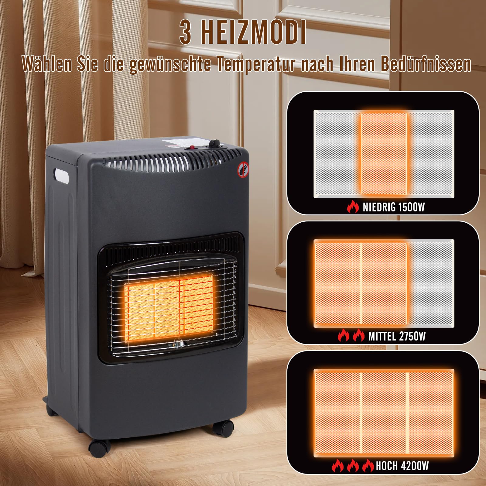 Todeco 4200 Watt Keramik Gasheizer Gasheizung Gasofen, Schwarz, 3 Heizstufen, inkl. Druckregler, Gasschlauch, Keramik Gasheizung für Balkone und gut belüftete Innen- und Außenbereiche
