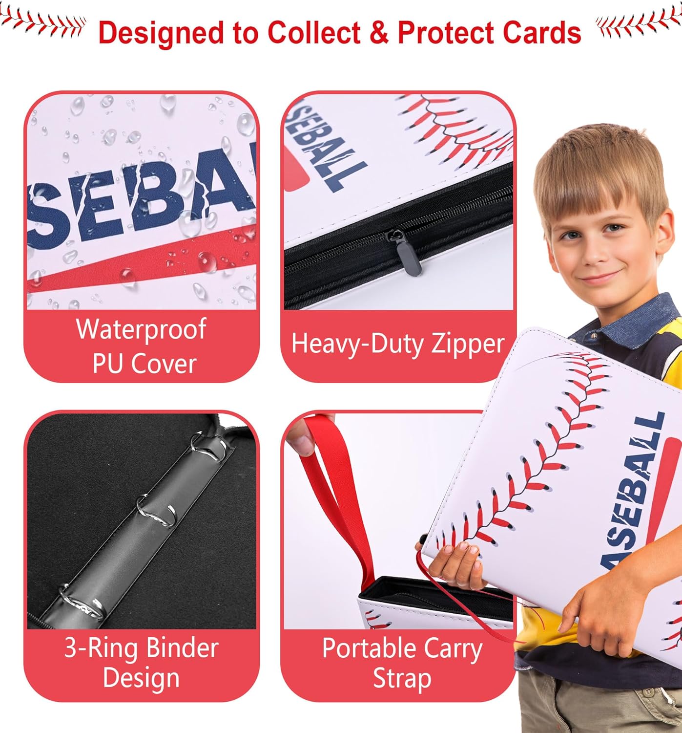 Baseball Card Binder 9 Pocket, 1080 Trading Card Binder Album Holder with 60 Removable Sleeves, Waterproof Zipper Sports Binder for Baseball, Collectible Cards
