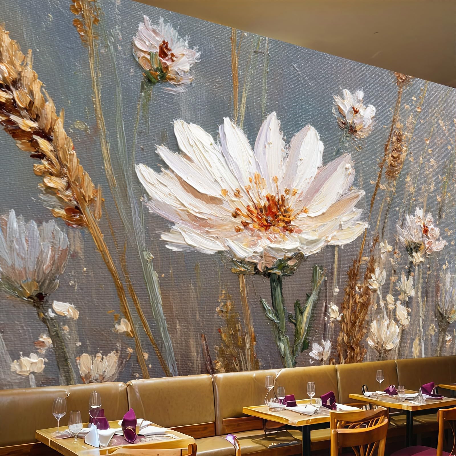 Papier peint intissé fleurs aquarelles panoramique 450x315 cm ambiance zen brun clair chambre