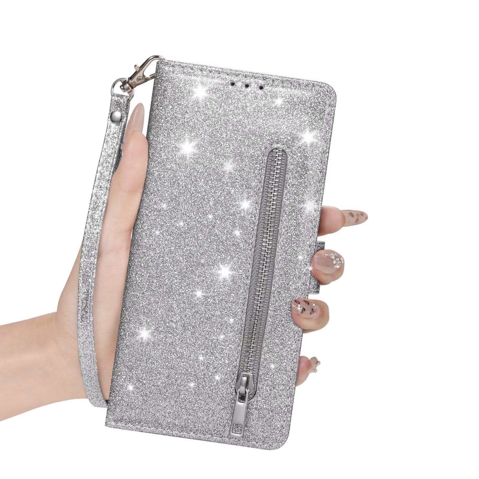 Glitter Magnetic Case for Samsung Galaxy A7 2018, with Card Slots Stand Case Cover, Shiny PU Leather Bling Glitter Flip Phone Case for Samsung Galaxy A7 2018-Silver