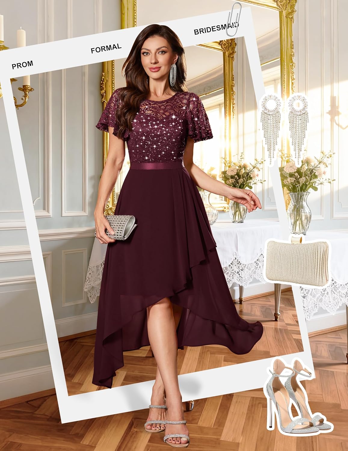 Wedtrend Women's Sparkly Sequin Dress Ruffle Formal Dresses Flutter Sleeve Wedding Guest Dress - Image 3