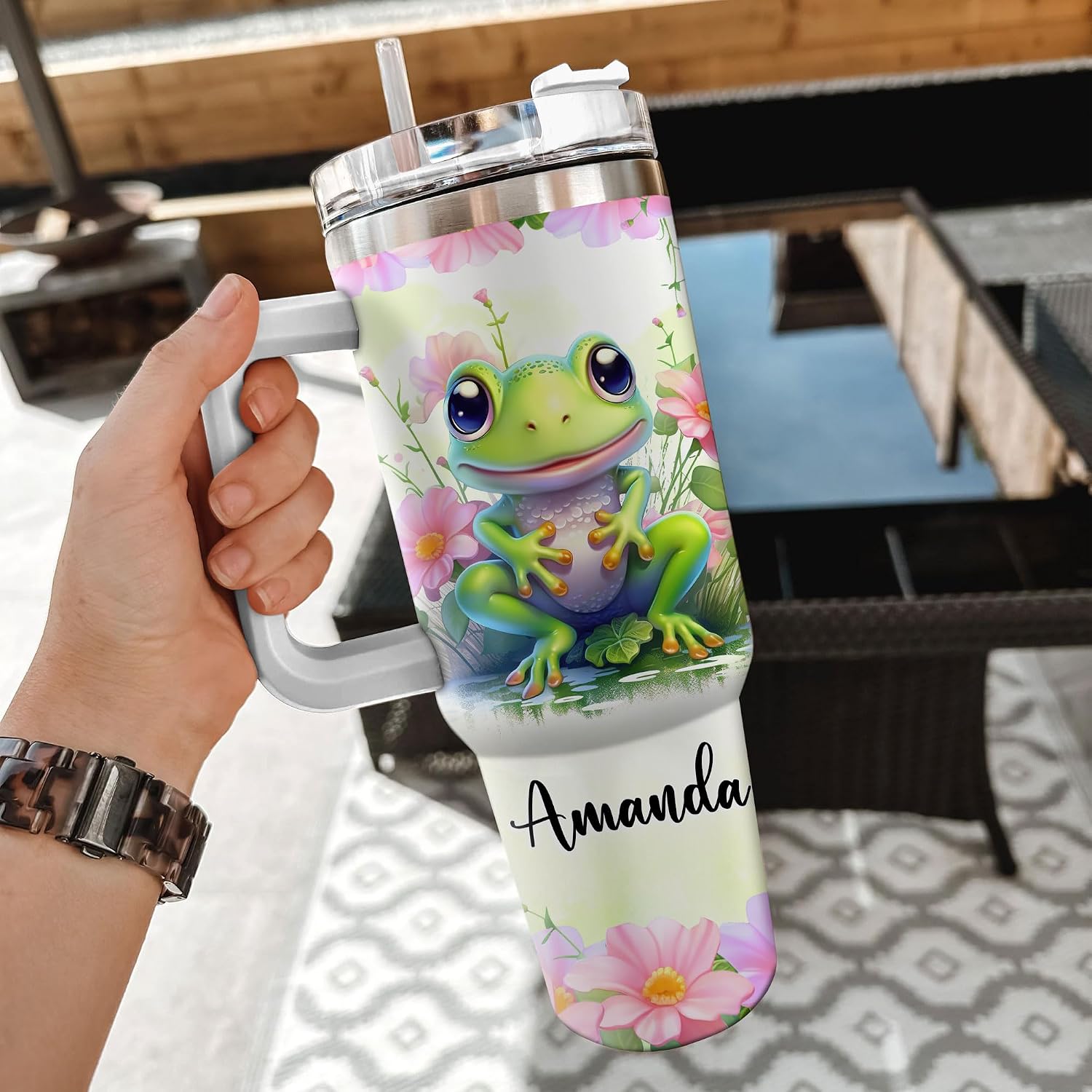 Hyturtle Personalized Gift For Frog Lovers For Women - Cute Custom Name Tumbler 40oz With Handle And Straw, Stainless Steel Travel Coffee Cup With Lid - Cute Animal Lovers Gifts For Girls On Birthday