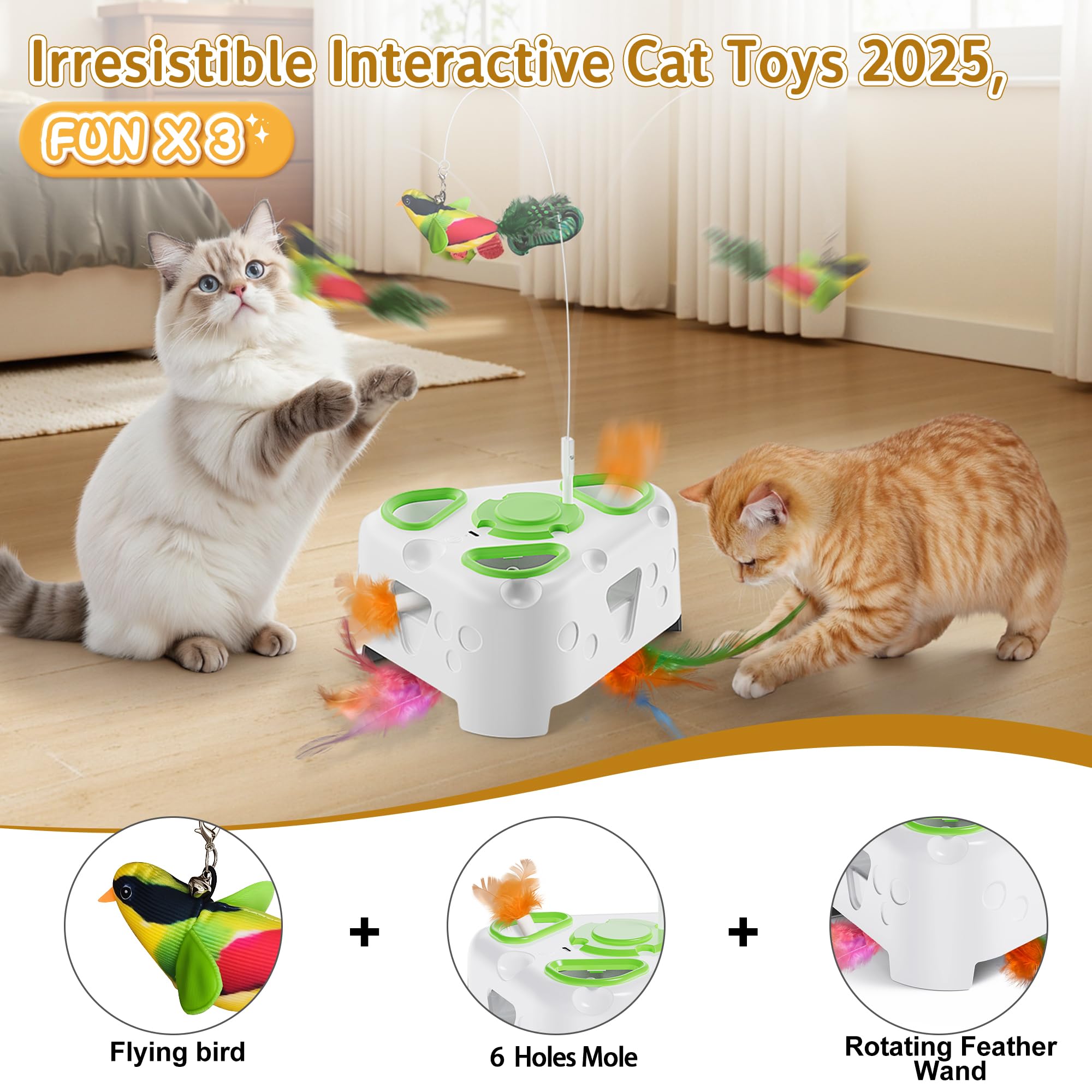 Jouet interactif 3 en 1 pour chat d'intérieur, jouet automatique pour chaton, oiseau volant, taupe à 6 trous, plume rotative, jouet interactif rechargeable USB pour chats d'intérieur ennuyés