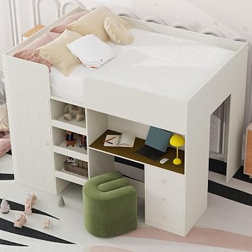Full High Loft Bed with Built-in Wardrobe Wood Full Size Loft Bed with Desk, Shelves and Drawers for Kids