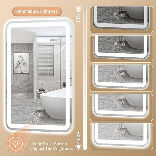 Miniatura 6 de Vosuja Espejo de baño LED de 20 x 28 pulgadas, rectángulo redondeado, sin marco, 3 colores iluminados y regulables, espejo de tocador con luces,