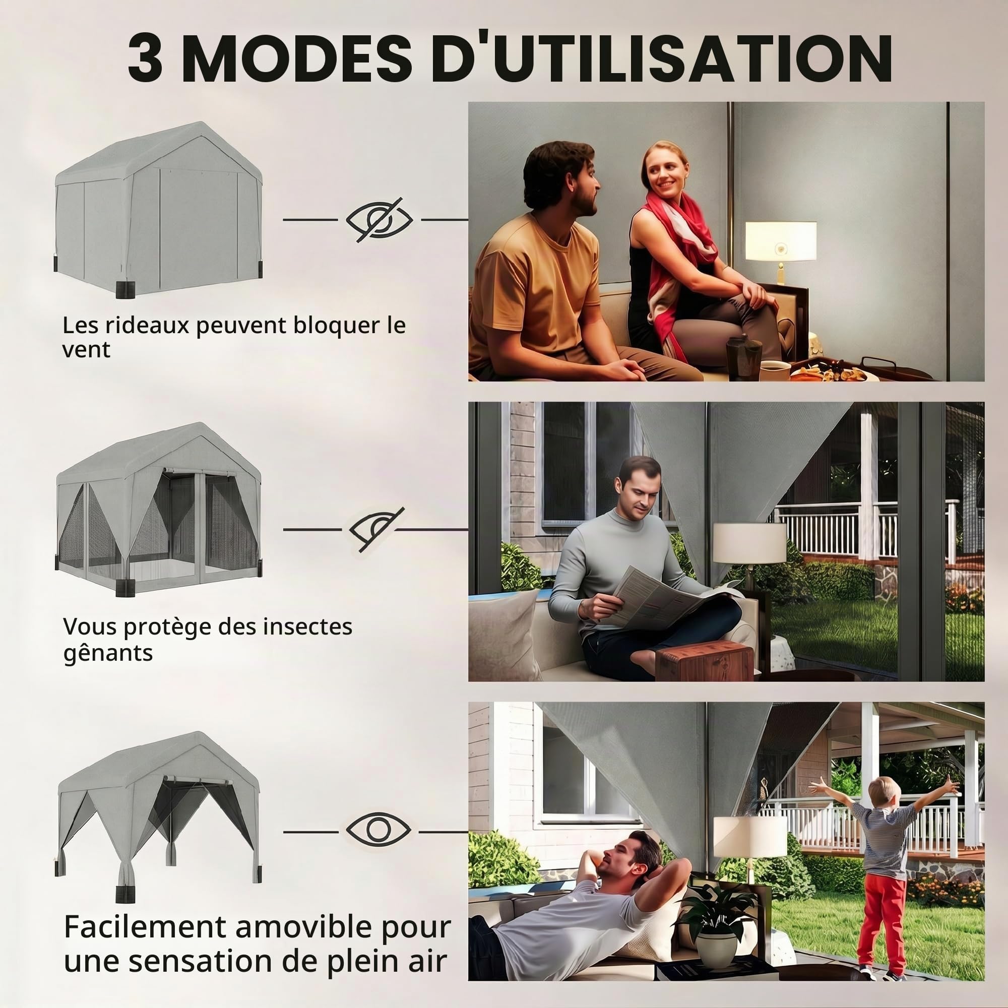 Outsunny Tonnelle de Jardin extérieur 3x3m Hydrofuge Acier Double Toit Gris