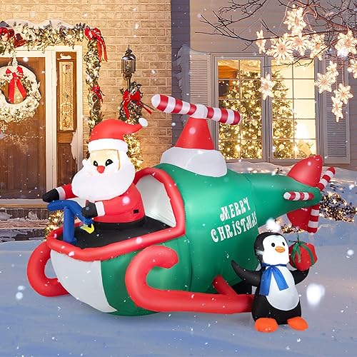 Tangkula Helicóptero volador inflable de Papá Noel de 6.5 pies, decoración navideña autoinflable con luces LED integradas y ventilador impermeable,