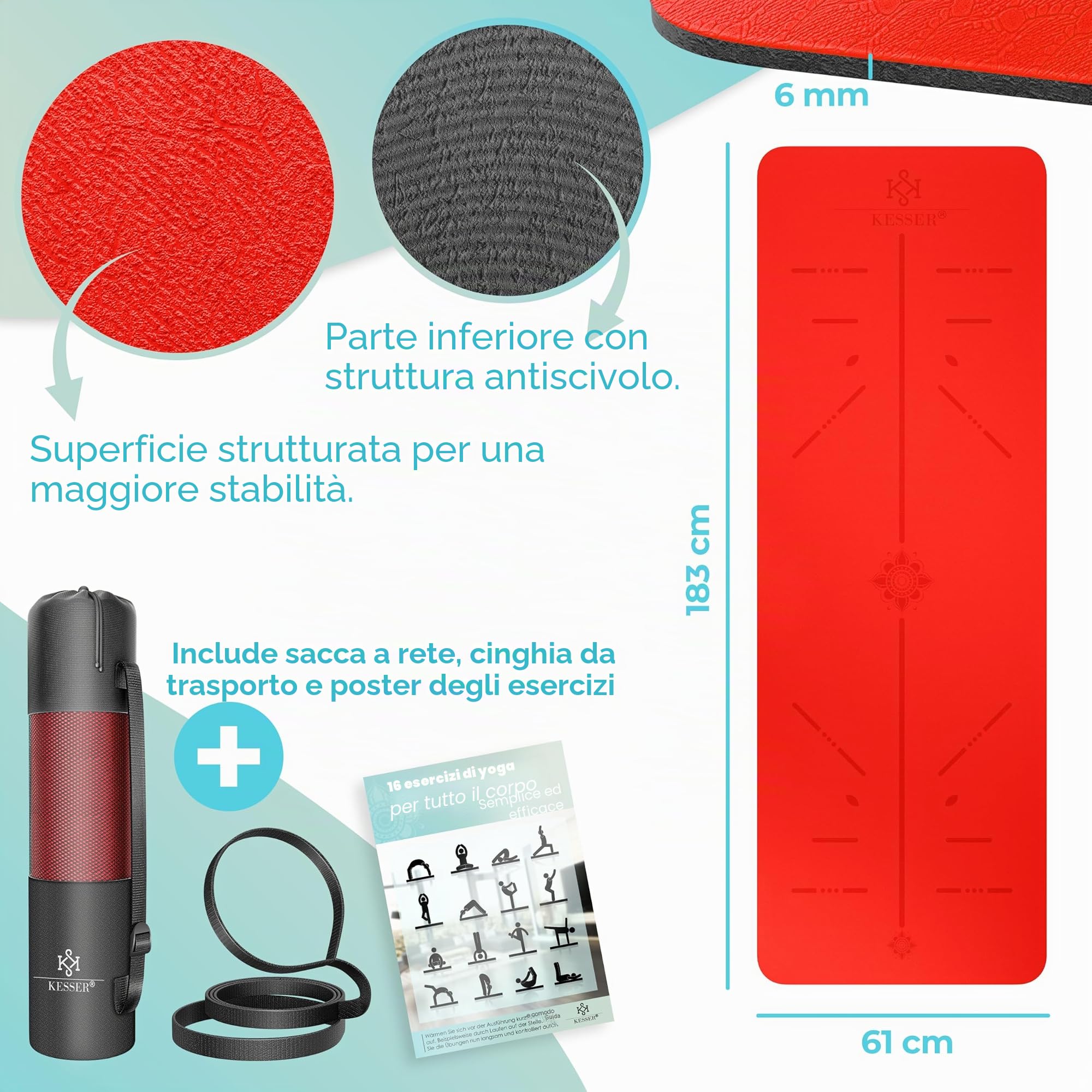Kesser® - Tappetino da ginnastica con tracolla, in TPE, imbottito e antiscivolo, extra spesso, 183 x 61 cm, per fitness, sport, pilates, yoga, ginnastica e allenamento