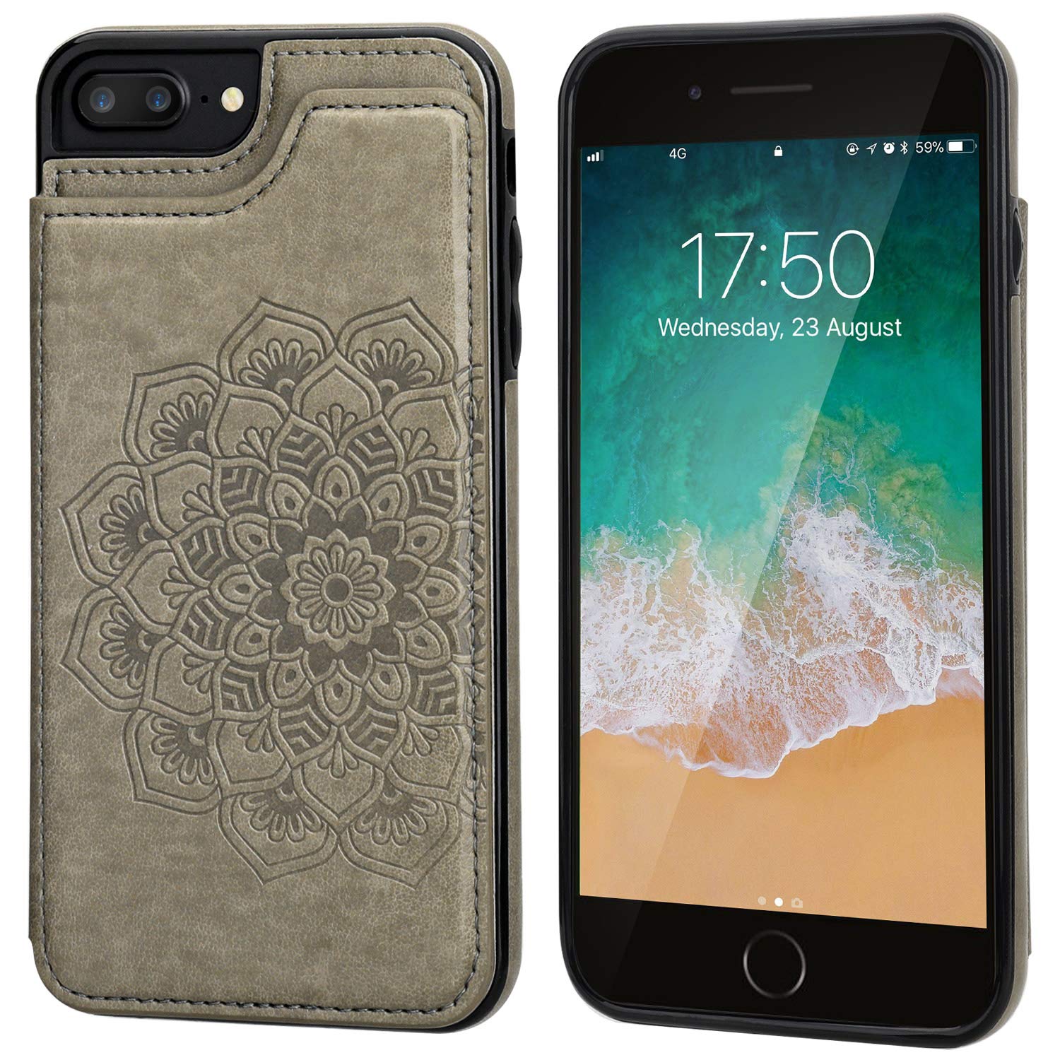 Vaburs Étui portefeuille à rabat pour iPhone 7 Plus/8 Plus avec porte-cartes - Motif mandala en relief - En cuir synthétique de qualité supérieure - Double bouton magnétique à rabat - Antichoc (14 cm,