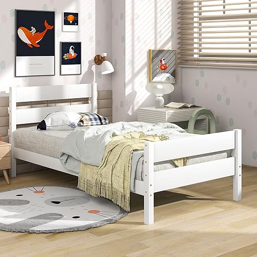 Miniatura 1 de ManyStars Marco de cama individual, marco de cama individual de madera con cabecero y estribo, marco de cama para niños, plataforma de madera