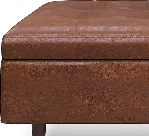 Miniatura 21 de SIMPLIHOME Shay - Otomana rectangular moderna de mediados de siglo de 48 pulgadas de ancho en piel sintética vegana envejecida, color marrón, Sillín