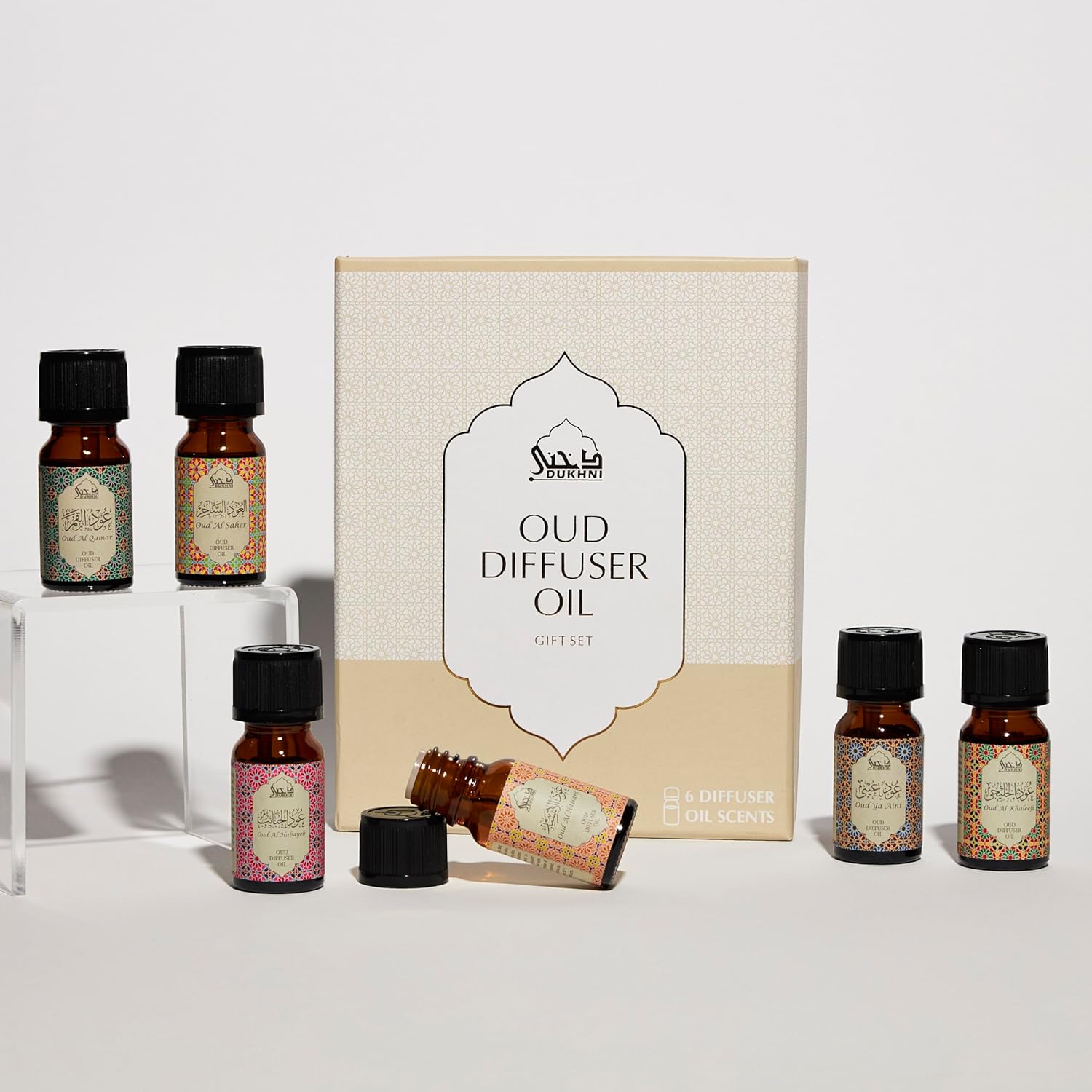 Dukhni Oud Essential Oil Diffuser Blend | 6 x 10ml Arabic Oil Gift Set for diffuser & humidifier | 100% Pure Halal Oils | Relax with home aromatherapy, for relaxation, massage & candle making