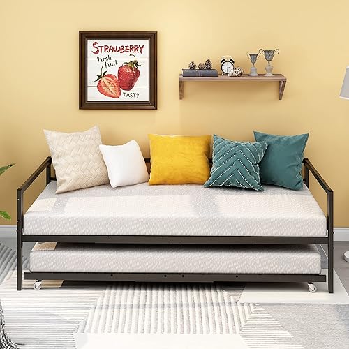Miniatura 4 de HOMERECOMMEND Sofá cama de metal de tamaño individual con nido y listones de metal resistente, soporte para sofá cama, plataforma doble, base de
