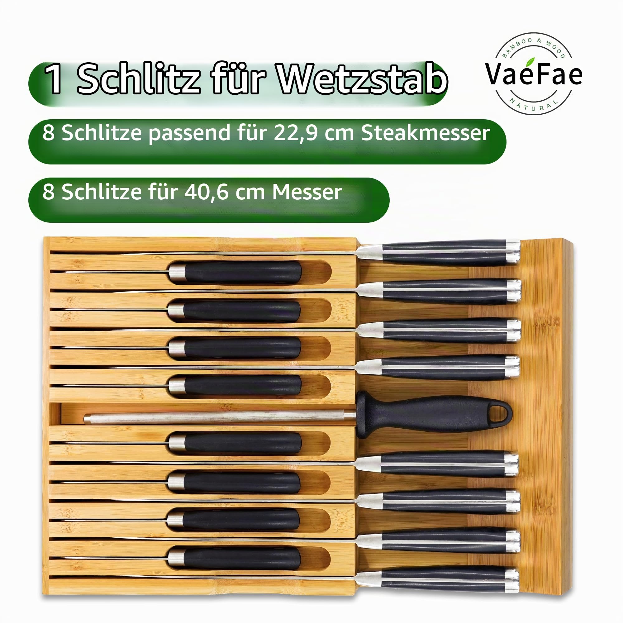 VaeFae Bambus-Schubladen-Messerhalter mit 16 Fächern, ohne Messer