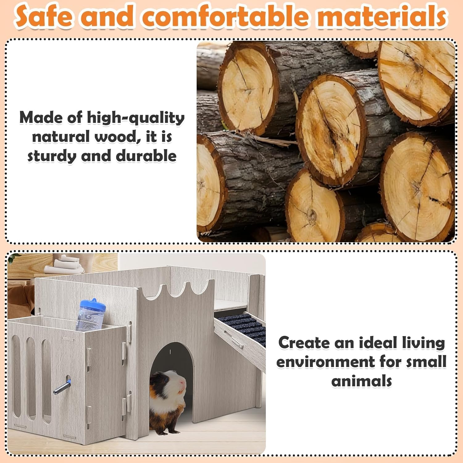 PINVNBY Large Wooden Guinea Pig Hideout with Water and Hay Feeder Ramp Easy to Assemble Wood Bunny Castle Hamster House for Small Animal Chinchilla Rat Rabbit Bunny Hedgehog