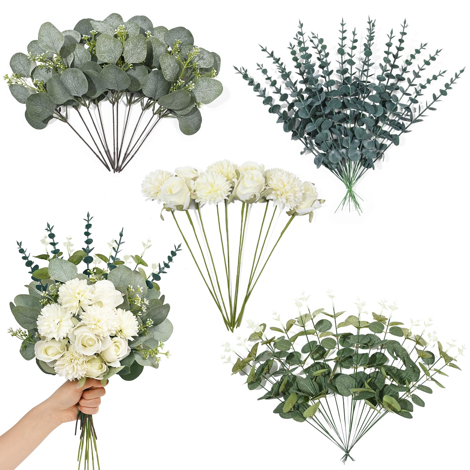 60 Pcs 5 Kinds Artificial Eucalyptus Stems and Faux Flowers, Mixed Fake Eucalyptus Stems Leaves Bulk, Silver Dollar Eucalyptus Greenery Stems for Wedding Decor Vase Floral Arrangement Centerpiece