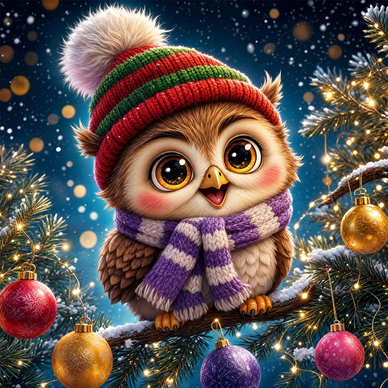 PoetryDraw Christmas Owl Full DIY 5D Round Drill Gem Art Diamond Art Painting Kits 15.75x15.75 in Diamond Art Kits Diamond Art Paintings Picture Arts Craft for Adults Beginner Home Wall Decor (Christm
