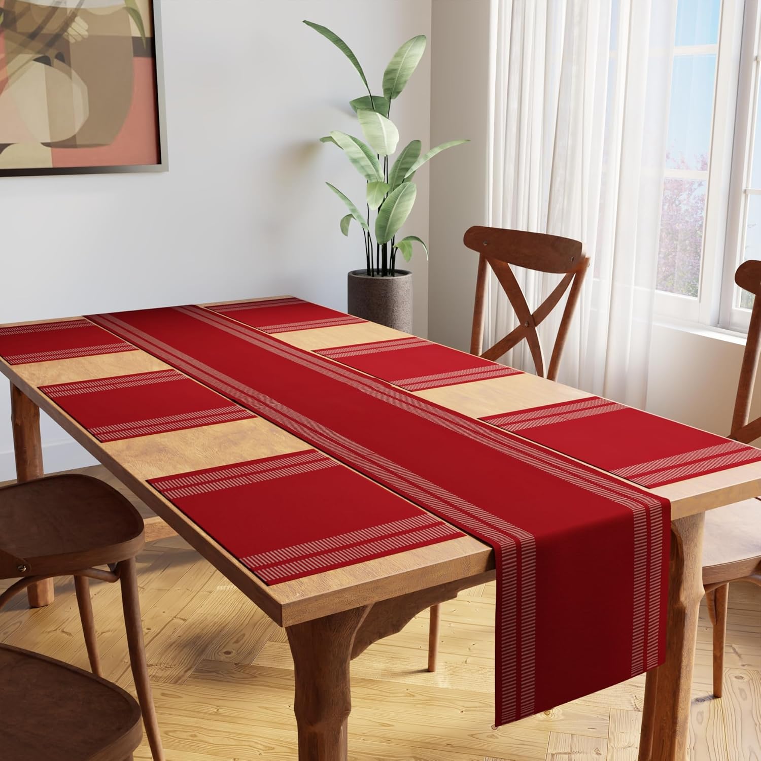 Encasa XO Table Runner and Placemats Set 6 | Fine Ribbed Cotton | Ladder Red | 1 Table Runner Size 13"x72" & Each Table Mat Size 19x13 Inch