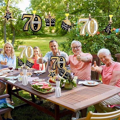 Miniatura 6 de Blulu Juego de decoraciones de fiesta de cumpleaños de 70 años, centros de mesa dorados con purpurina, suministros para fiesta, 24 piezas