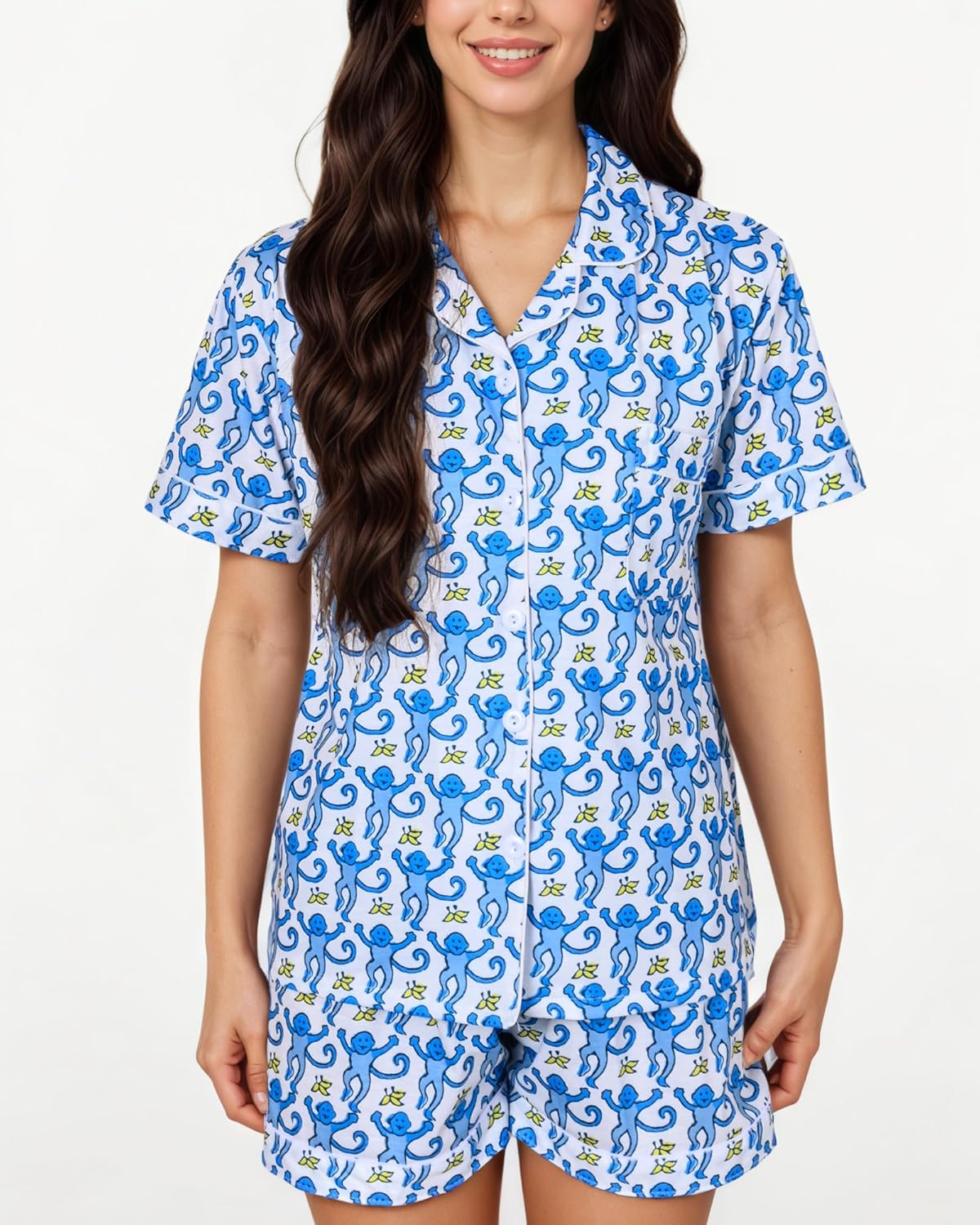 Women's Pajamas Set Button Down Ladies Summer Pajamas Monkey Printed Sleepwear Short Sleeve 2 Pc Pjs for Birthday Gift - Image 3