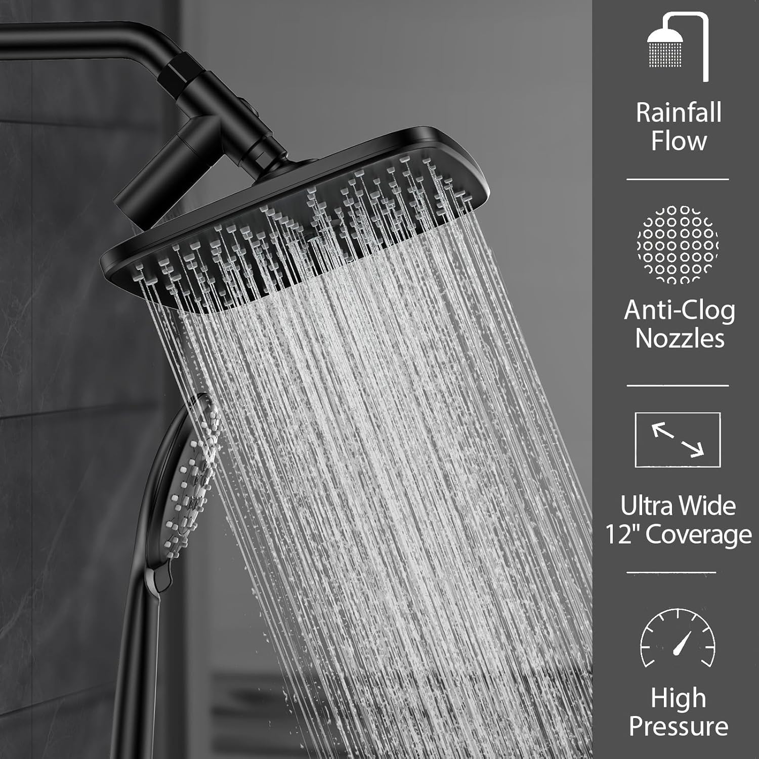 Veken 11.8 Inch Rain Shower Head with Handheld- High Pressure Dual Shower Heads with 5 Modes Handheld Spray Combo- Wide Rainfall Showerhead with Hose, Bathroom Accessories, Matte Black - Image 6