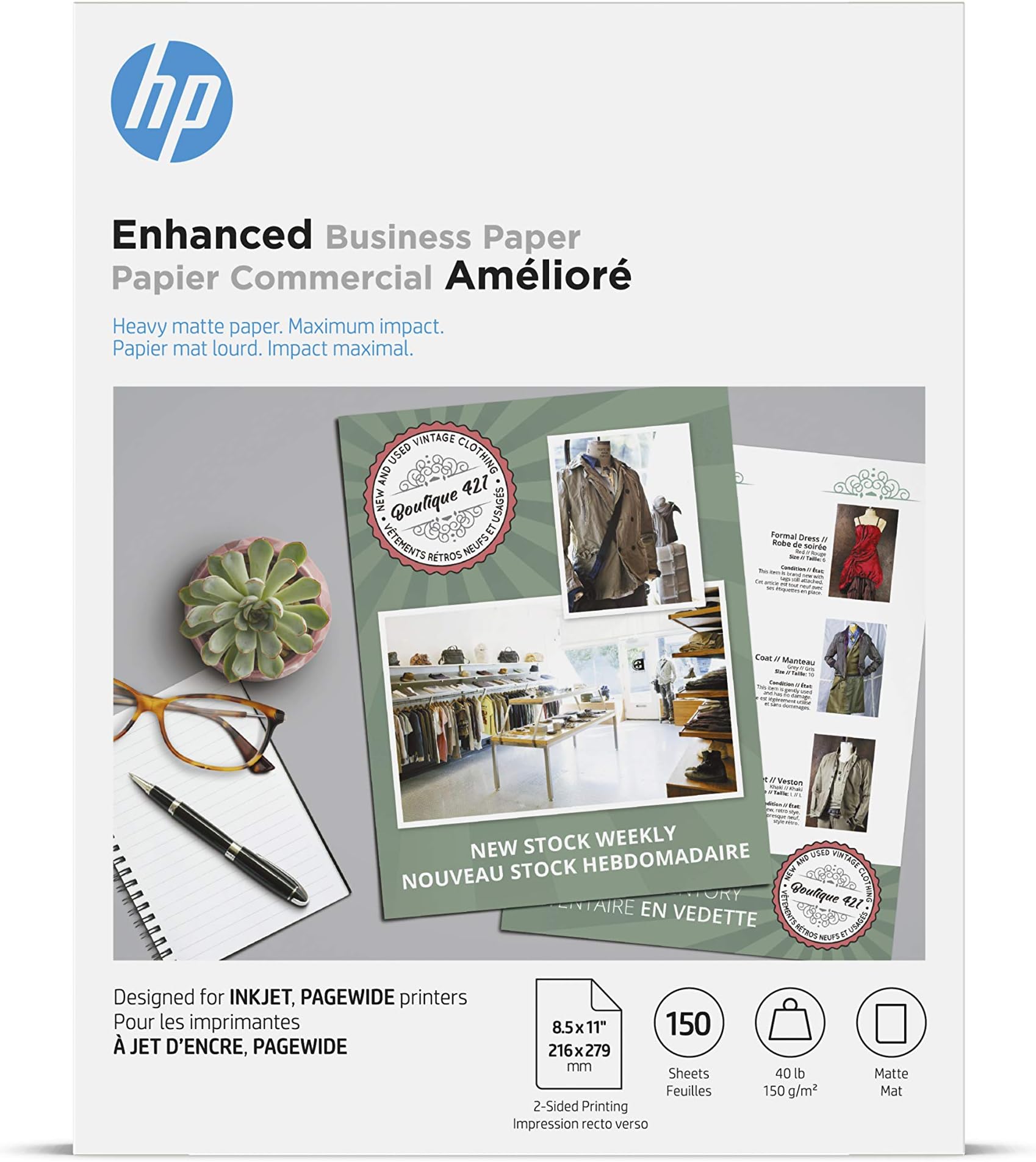 HP Enhanced Business Paper, Matte, 8.5x11 in, 40 lb, 150 sheets, works with inkjet and PageWide printers (9ZE20A)