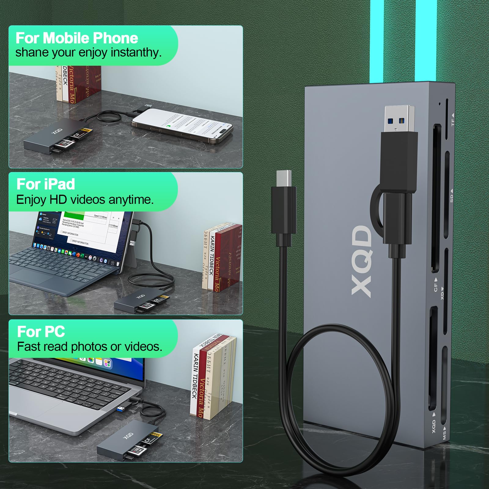 Lettore di schede XQD 8 in 1 da 10 Gbps, lettore USB C Multi XQD per Sony G/M Series, Lexar 2933x/1400x USB Mark XQD Card/CF/XD/MS/TF/SD, lettore di schede di memoria USB 3.0 per Windows/Mac OS/Linux