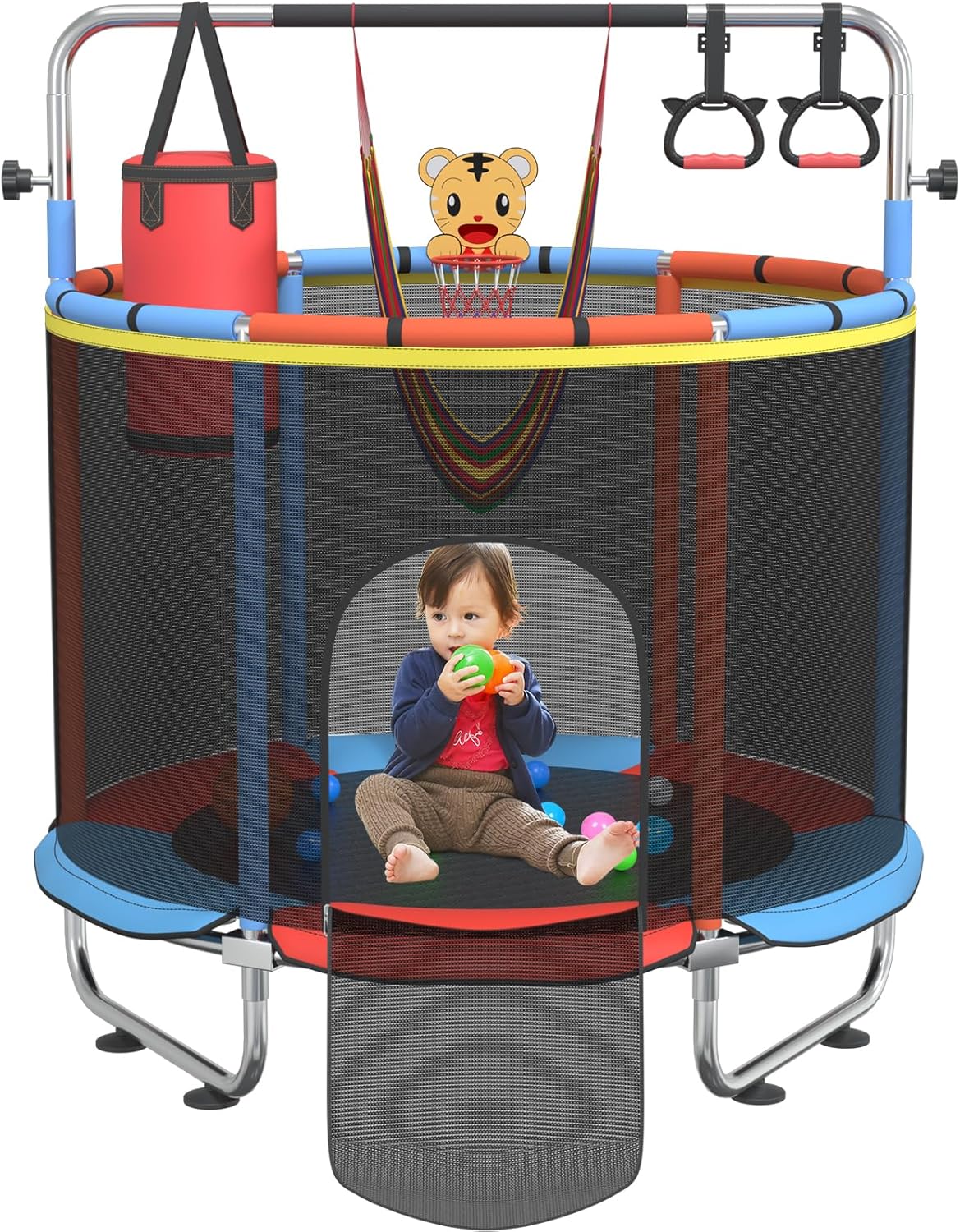 Trampoline for Kids, 55" Indoor & Outdoor Toddler Trampoline, Anti-Rollover Bottom Kids Toys with Adjustable Gymnastics Bars, Toddler Swing, Basketball Hoop