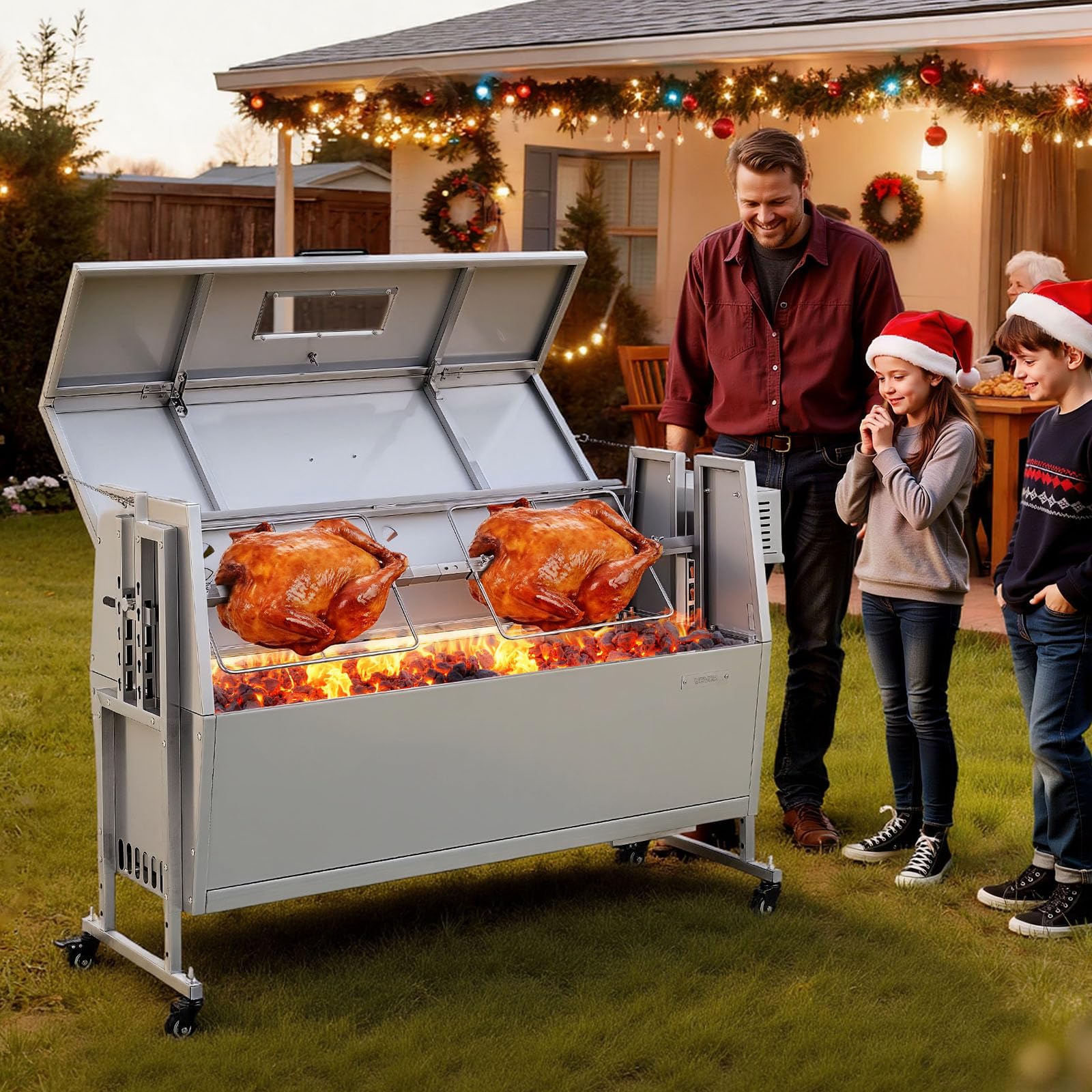 VEVOR Barbecue à Charbon Chargeant 60 kg, Barbecue Rôtissoire avec Roues, Kit de Tournebroche Électrique 38 W, 4 Niveaux de Hauteur, Broche en Acier Inoxydable, pour Agneau Porcelet, Extérieur