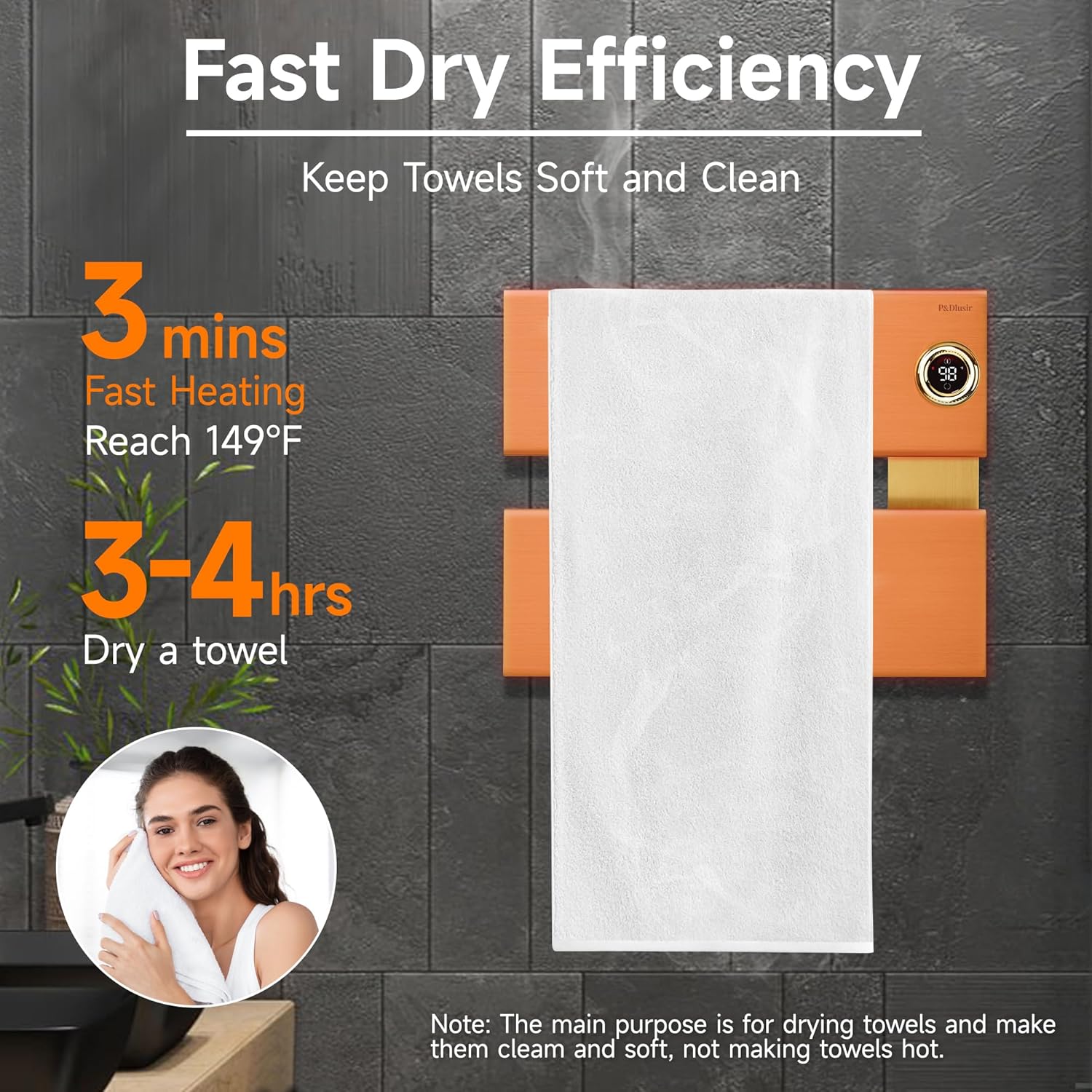 P&Dlusir Towel Warmer, Heated Towel Rack with Adjustable Temperature and Timer (1-24h, On), Fast Heating and Drying for Bathroom, Memory & Remote Control Compatible, Right-Wiring, 2-Panel, Gold