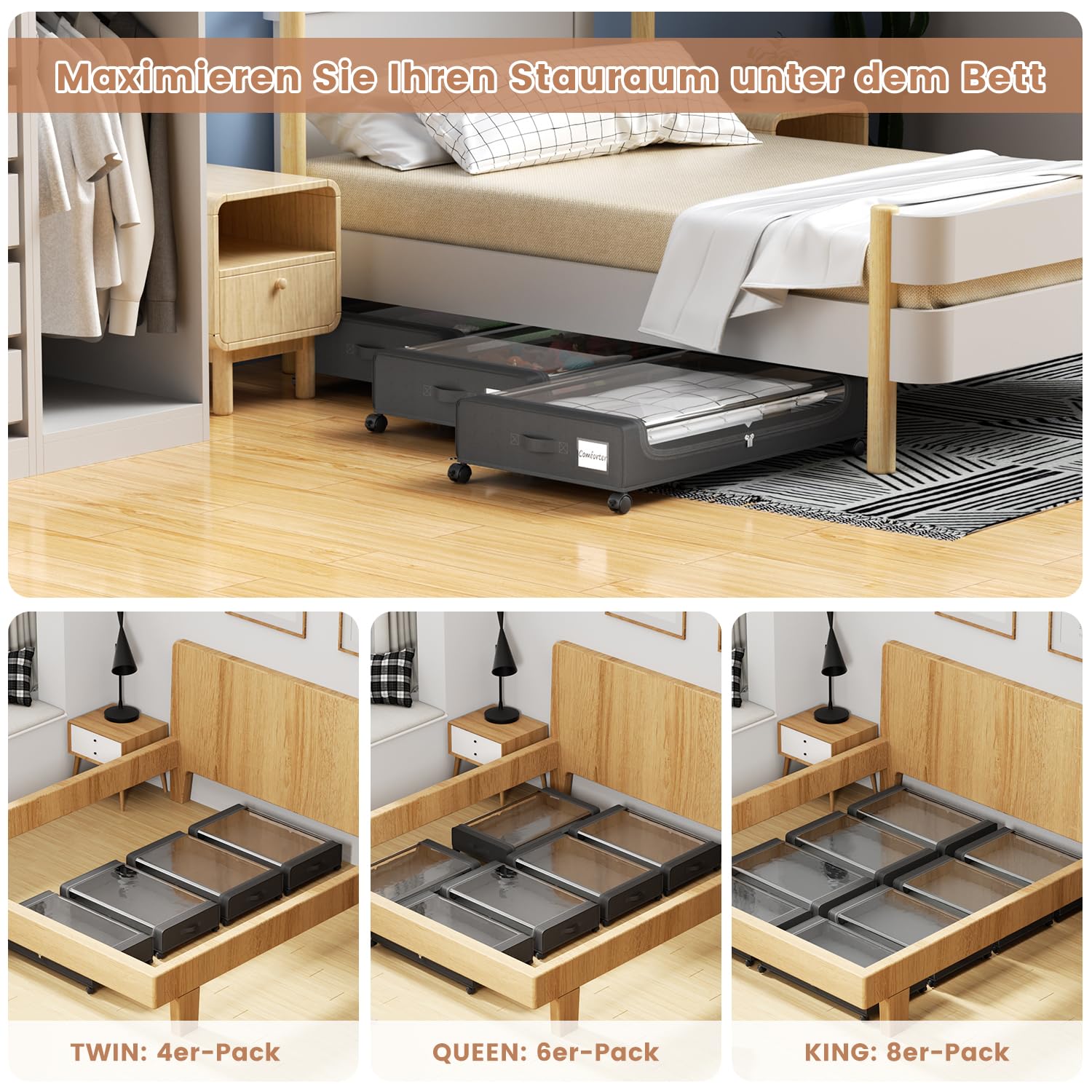 PHINOX Unterbett-Aufbewahrungsbehälter mit mit Rollen,2 Stück (74x42x16cm) -Schwarz Aufbewahrungsbox mit Klarsichtdeckel aus Stoff & Metall für Kleidung, Schuhe, Spielzeug Schuhaufbewahrungsbehälter