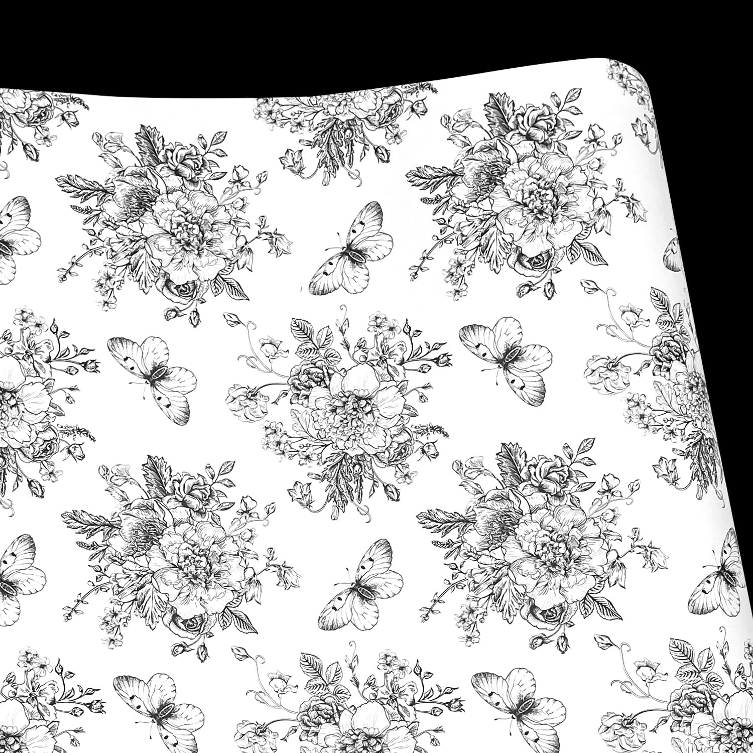fácil de aplicar estante maletero extraíble papel de contacto decorativo espacio de trabajo organizadores sofá cuadros, color blanco y negro flores mariposa, 17,7 cm, de 9.8 pies