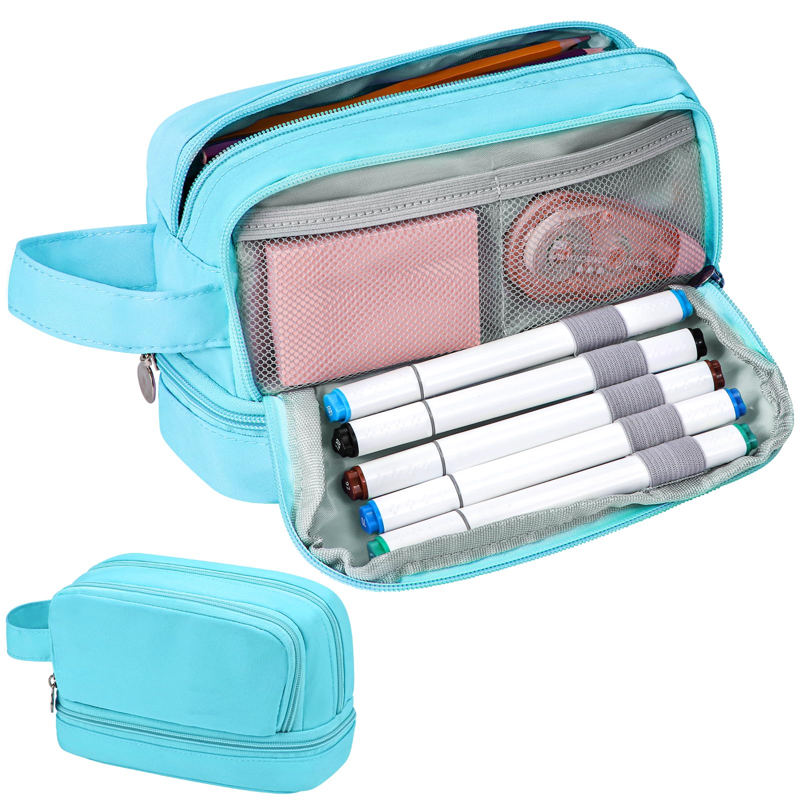 Alyvisun Large Capacity Pencil Case, Aesthetic Pencil Pouch with 5 Compartments and Handle for Boys/Girls/Adults, Portable Pen Bag Stationery Organizer for School/Office (Blue)