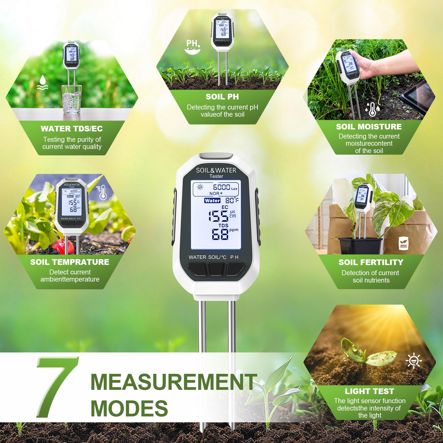Analizador de suelo 7 en 1: mide la calidad del agua, el pH, la humedad, la temperatura, la luz, los nutrientes, la conductividad, etc. Apto para interiores, jardines y exteriores.