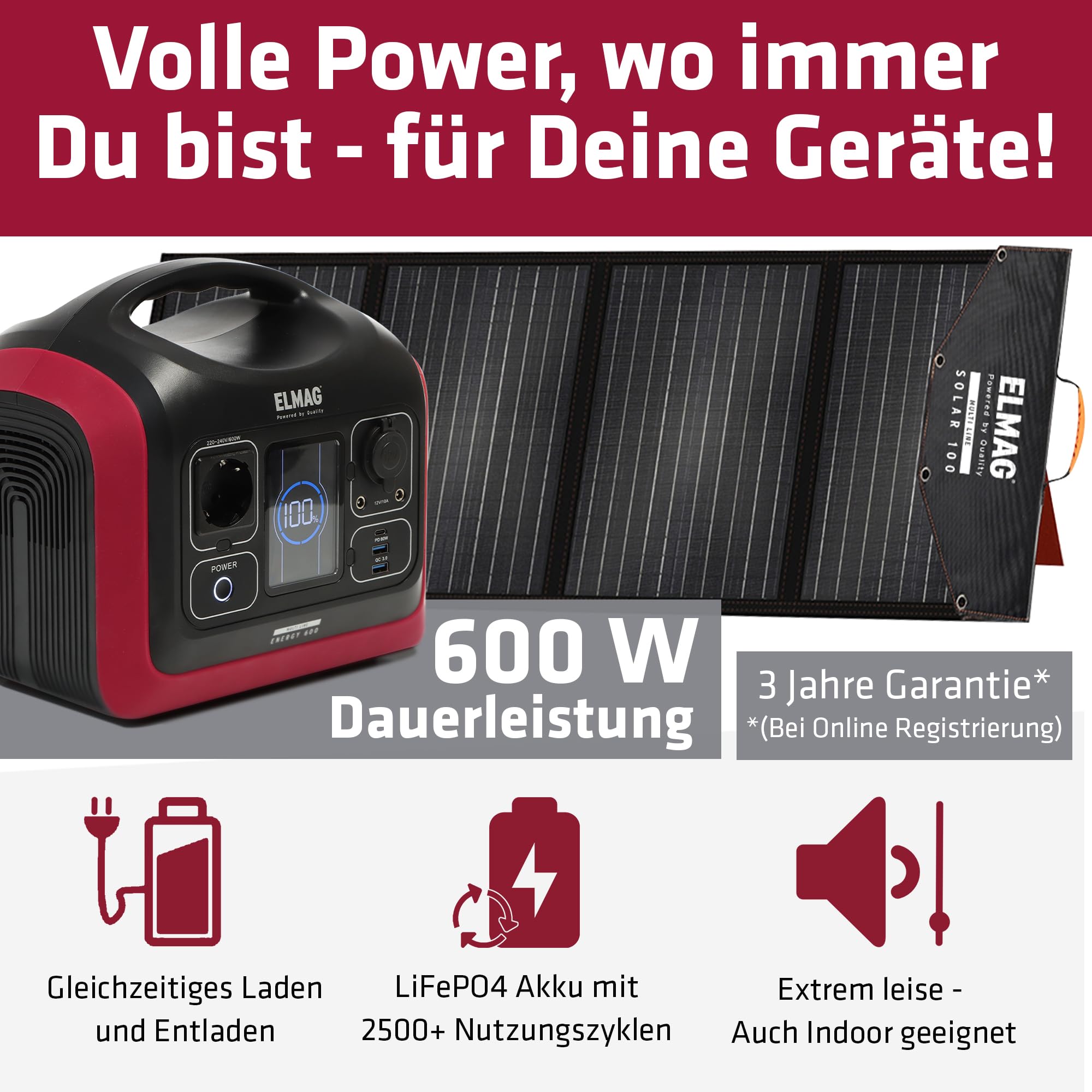ELMAG Solargenerator-Set Energy 600 + SOLAR 100 595Wh tragbare Powerstation mit faltbarem 100Wp Solarpanel Stromspeicher mit LiFePO4 Akku & 230V AC/DC/USB Ausgabe Für Camping, Outdoor & Notstrom