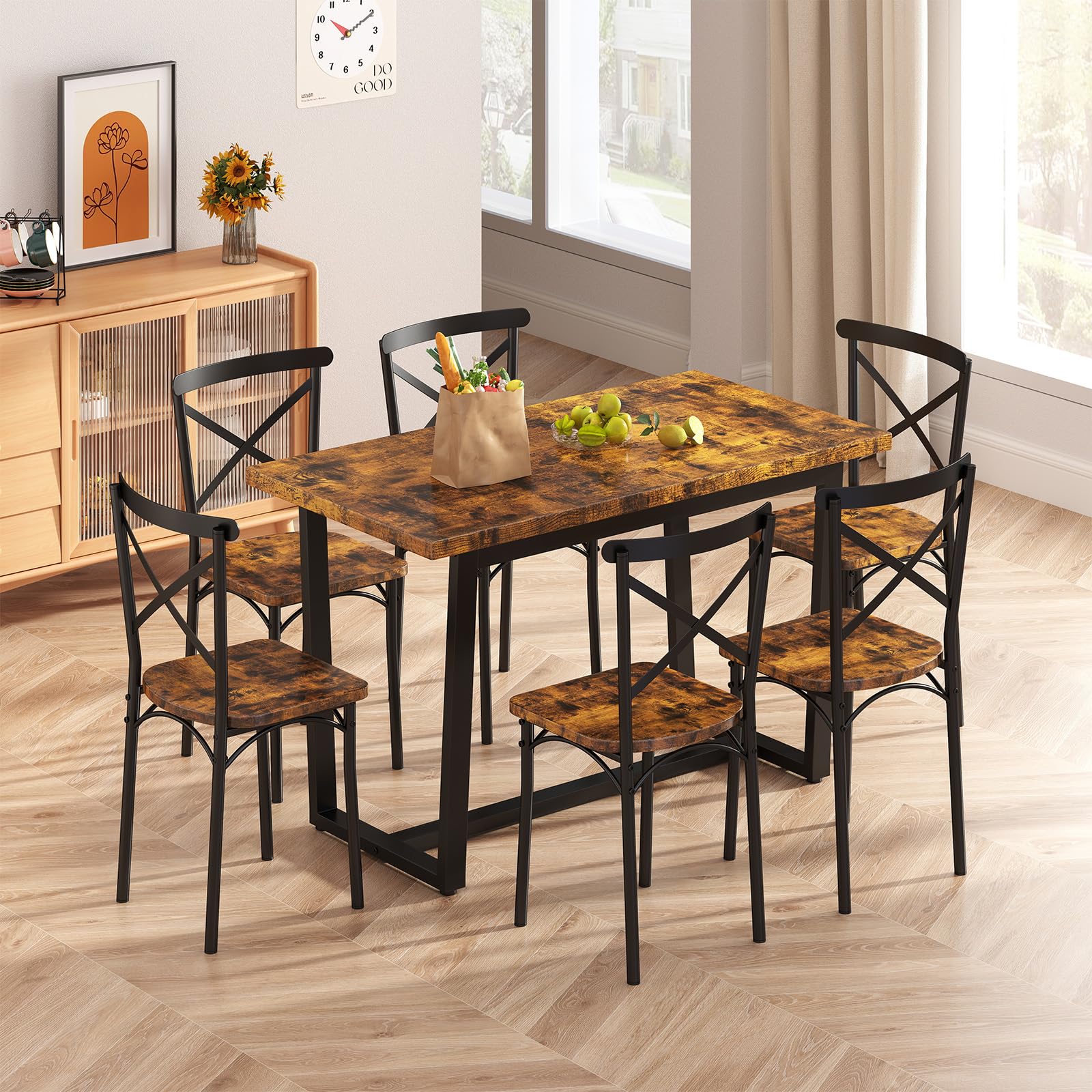 Photo 1 of ****** AS IS ALL SALES FINAL NO RETURNS*******Zevemomo 7-Piece Dining Table with Chairs Set, Rectangular Metal Frame Table with 6 Chairs, Kitchen Table Chairs Set of 6, Wooden Farmhouse Dining Table Set for Dining Room and Living Room, Brown

****** AS IS