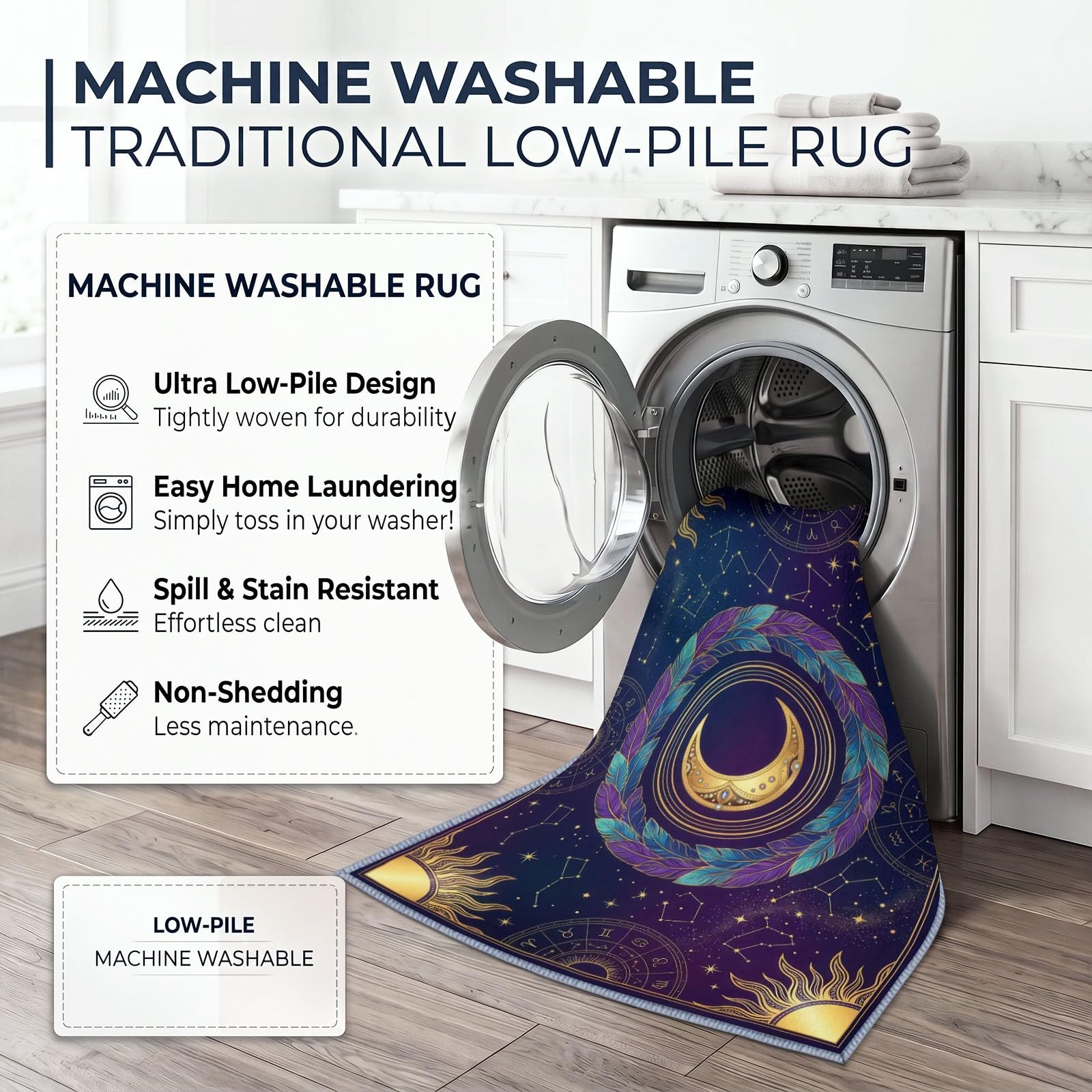 Générique Bohème Mystère Astrologie Tapis de Salon Lavable en Machine 200 x 300 cm Tapis antidérapant, Moquette Soleil Or Lune Plume Violette pour Le Salon, l'entrée, la Chambre et la Cuisine