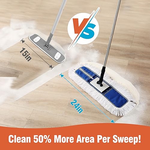 Miniatura 3 de Trapeador de polvo comercial resistente de 24 pulgadas para suelos de madera dura y áreas grandes, con 2 almohadillas de microfibra, mango
