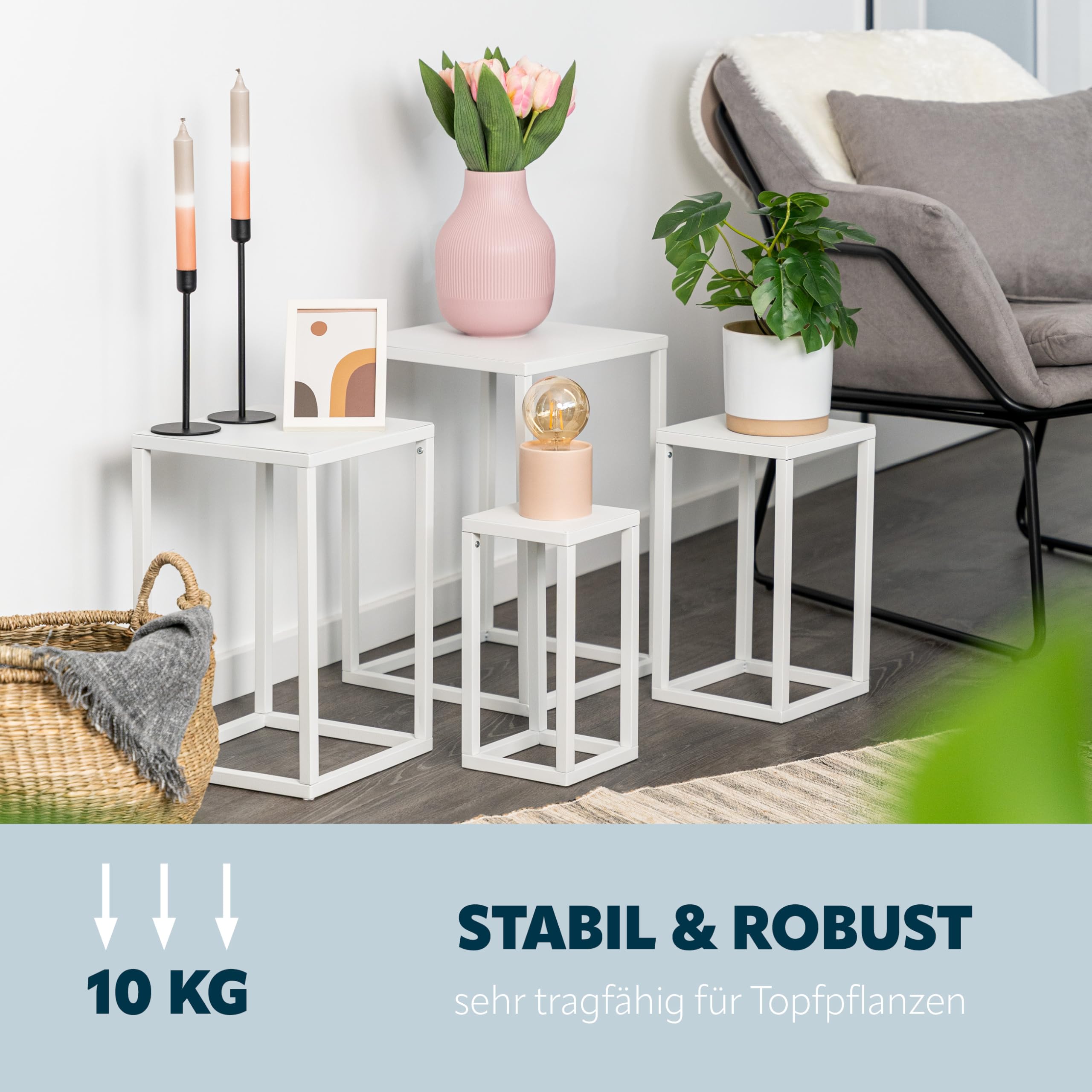 bremermann Blumenhocker 4er-Set, Metall-Pflanzenständer, moderne Blumensäule ideal für Wohnzimmer, Flur und Büro, stabiles und platzsparendes Regal für Dekoration und Zimmerpflanzen
