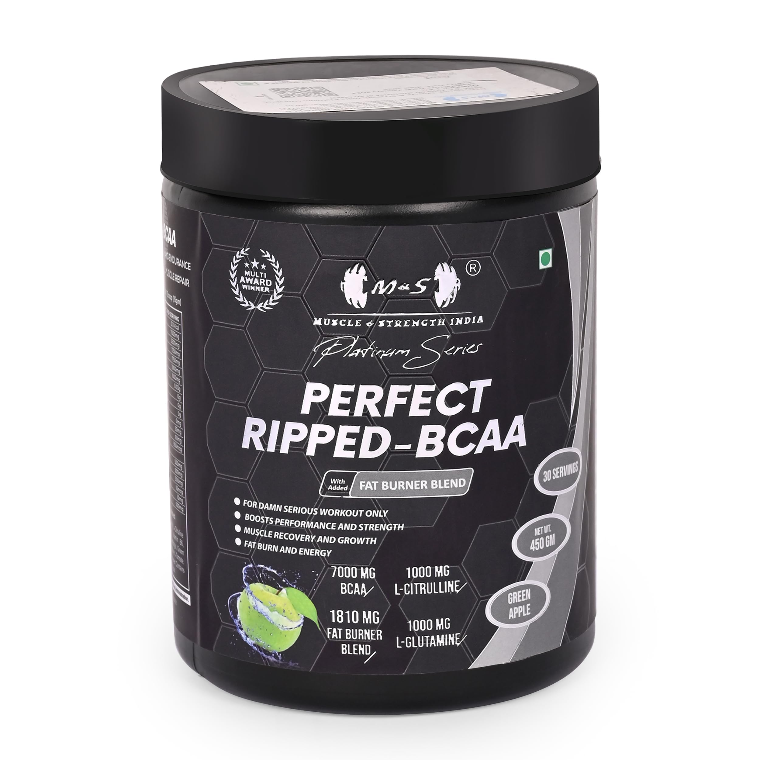 Muscle and Strength Ripped BCAA 450G With Fatburner Blend (Garcinia, Green Tea,Cla,Chromium,Black Pepper and L-Carnitine) (Green Apple, 450G)