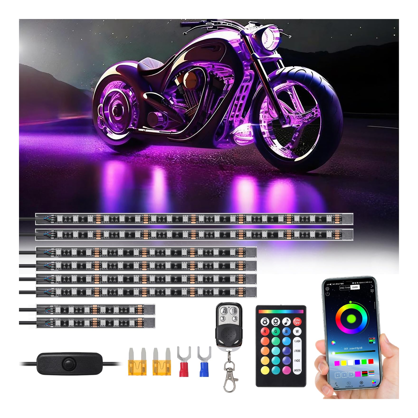 8 Piece RGB Motorcycle LED Underglow Kit with Brake Turn Signal, APP Control Music Sync, 24/4 Key Dual Remote, Waterproof Multicolor Motorcycle Strip Light for Harley Davidson Kawasaki ATV Golf Cart