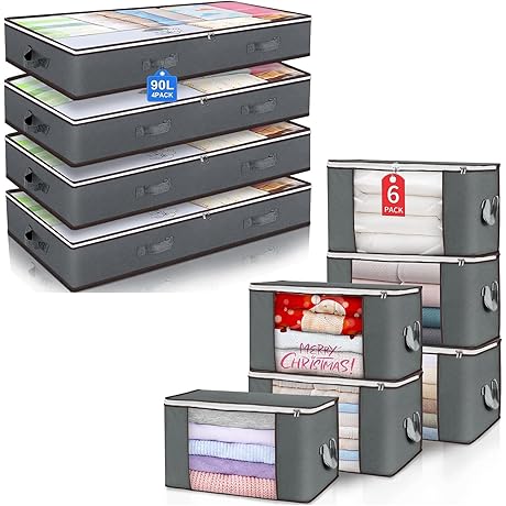 Budding Joy 6 Pack 90L Large Storage Bags & 4 Pack Under Bed Storage Containers