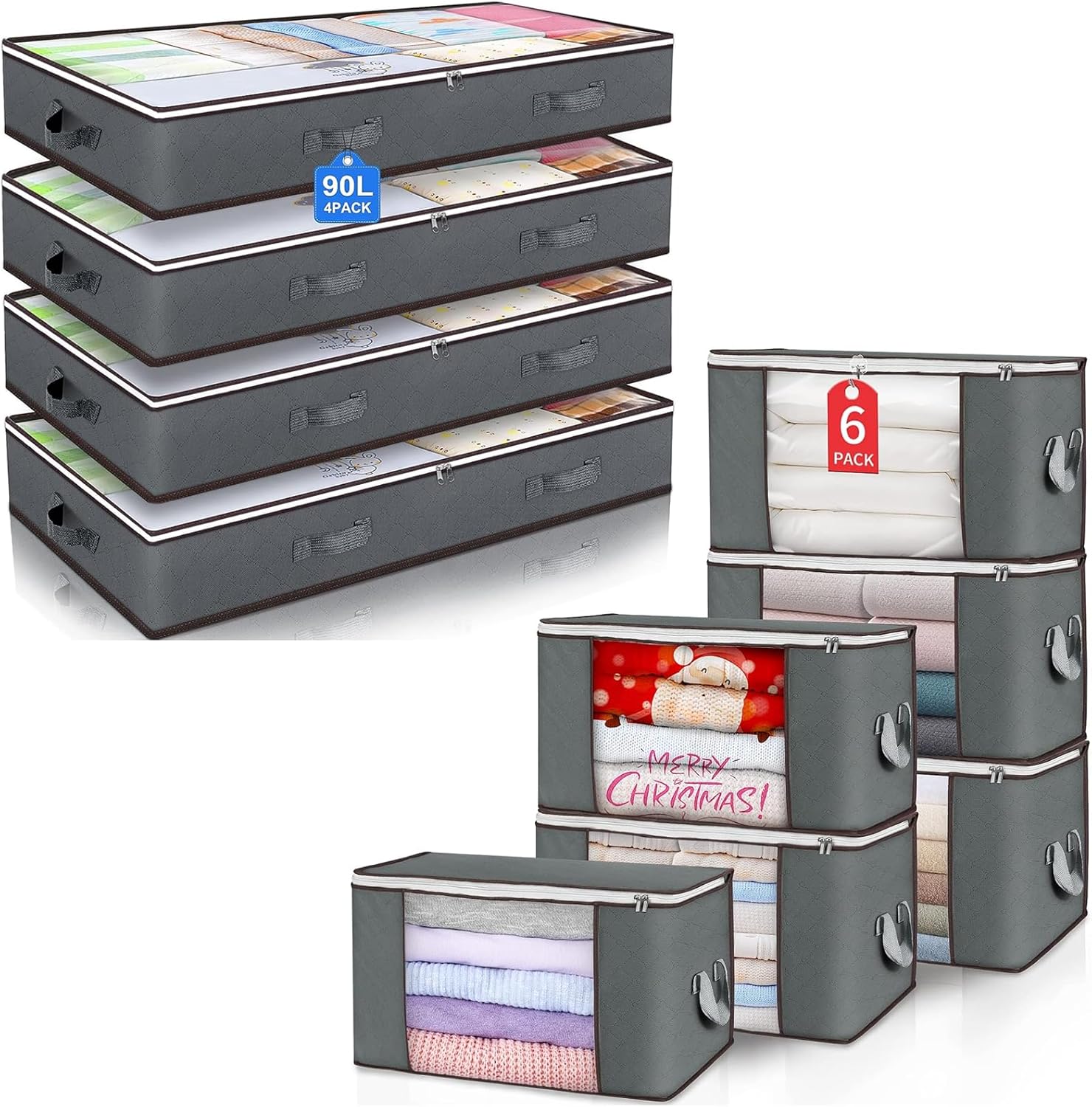 6 Pack 90L Large Storage Bags And 4 Pack 90L Under Bed Storage Containers, Clothes Storage Bins with Reinforced Handle for Clothing, Blanket, Comforters, Bed Sheets, Pillows and Toys (Gray)