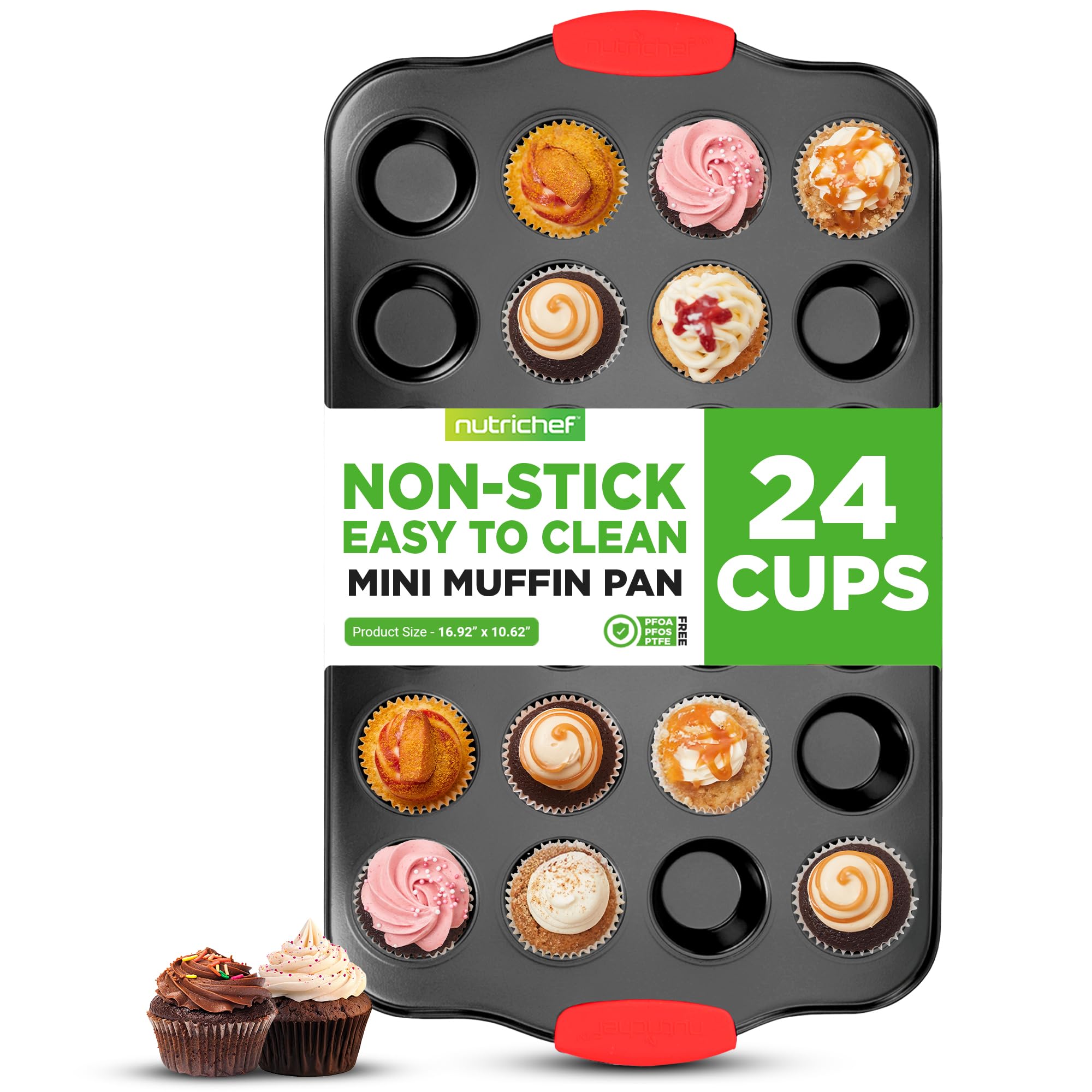 NutriChef Teglia da forno antiaderente per muffin da 24 tazze con manici in silicone rosso, attraente teglia da forno in acciaio al carbonio grigio, qualità da ristorante in metallo di qualità