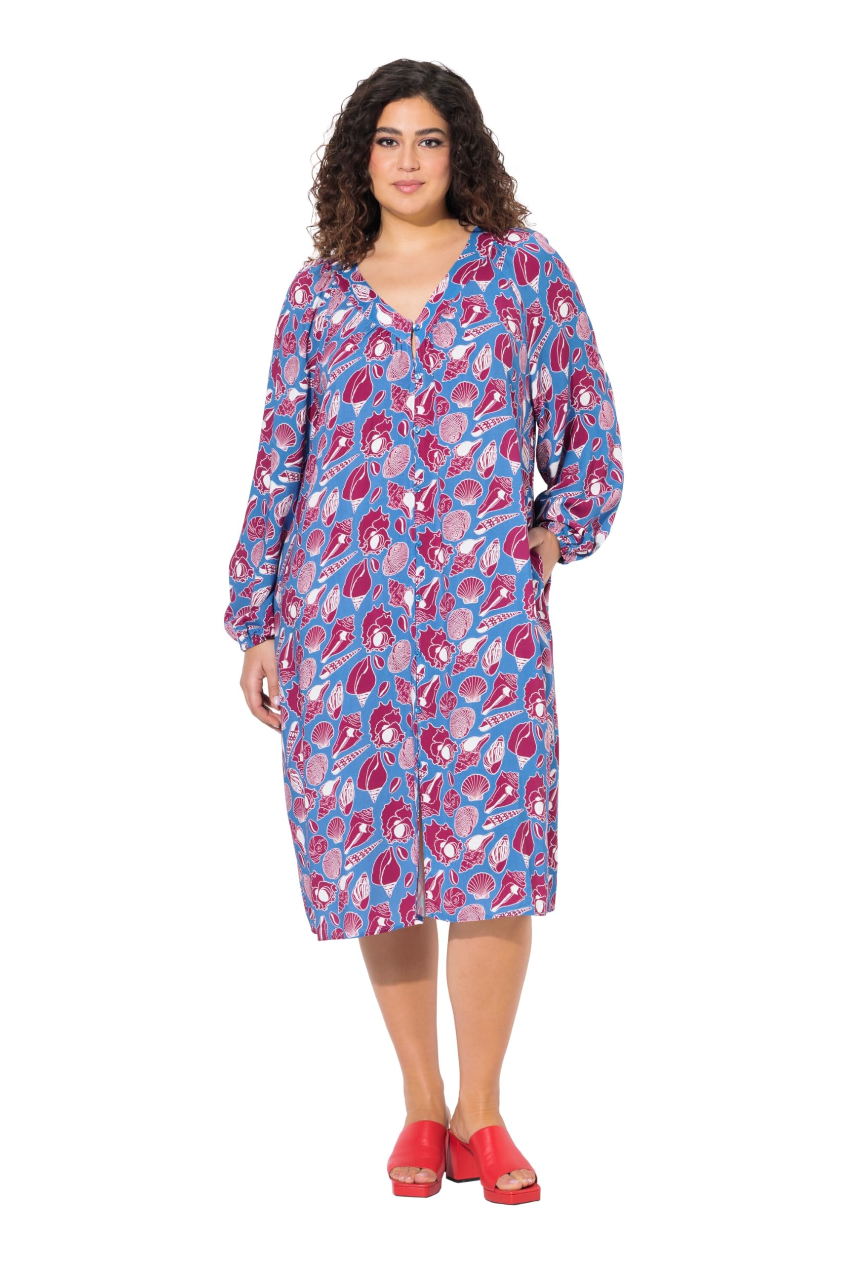 Ulla Popken Damen große Größen Übergrößen Plus Size Midikleid, Muscheln, Oversized, V-Ausschnitt, Langarm 838839