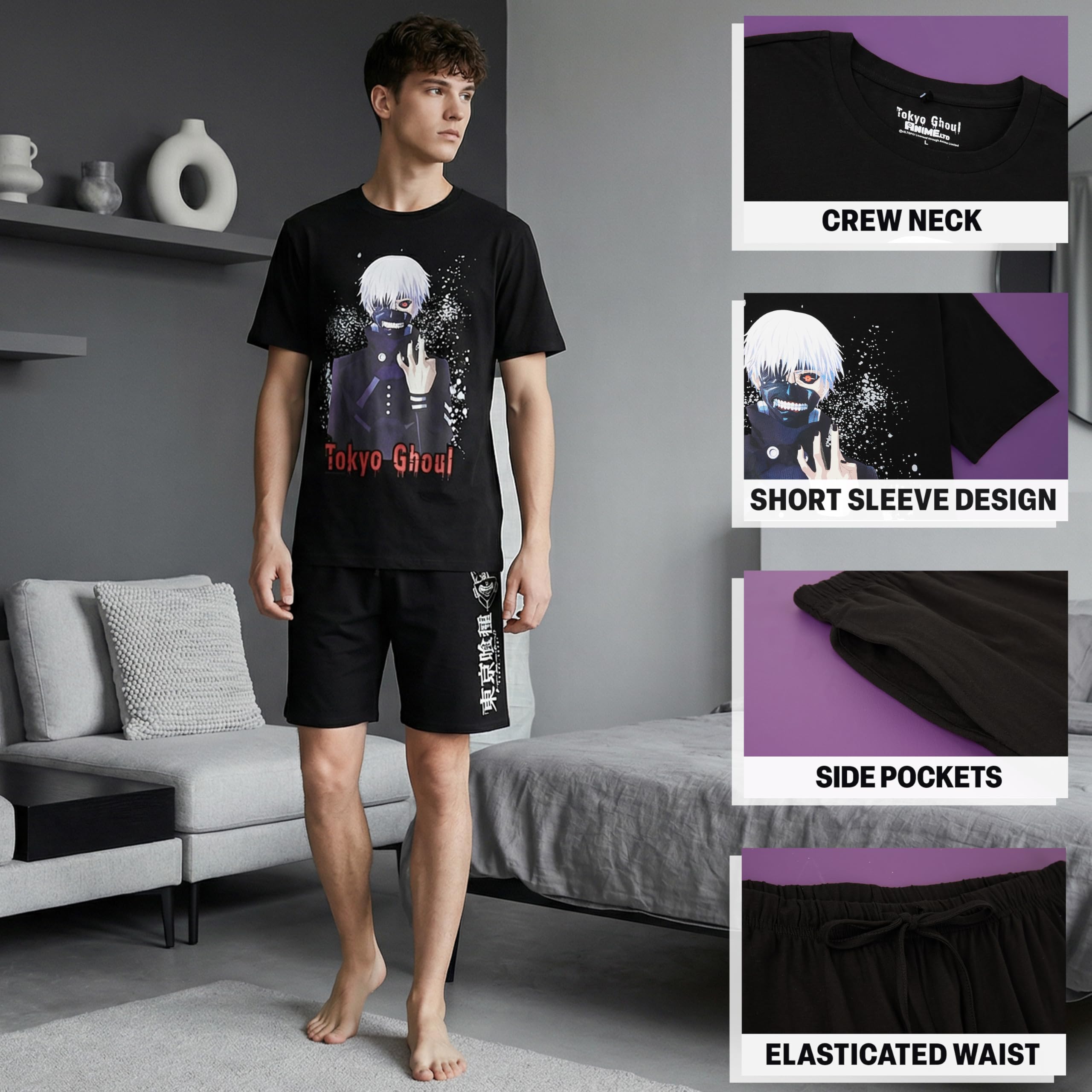 Get Trend Death Note | Attack on Titan | Tokyo Ghoul Pijama Hombre Verano Algodon, XS-XL, Camiseta Manga Cortas & Pantalones Cortos, Ropa de Dormir Cómodo